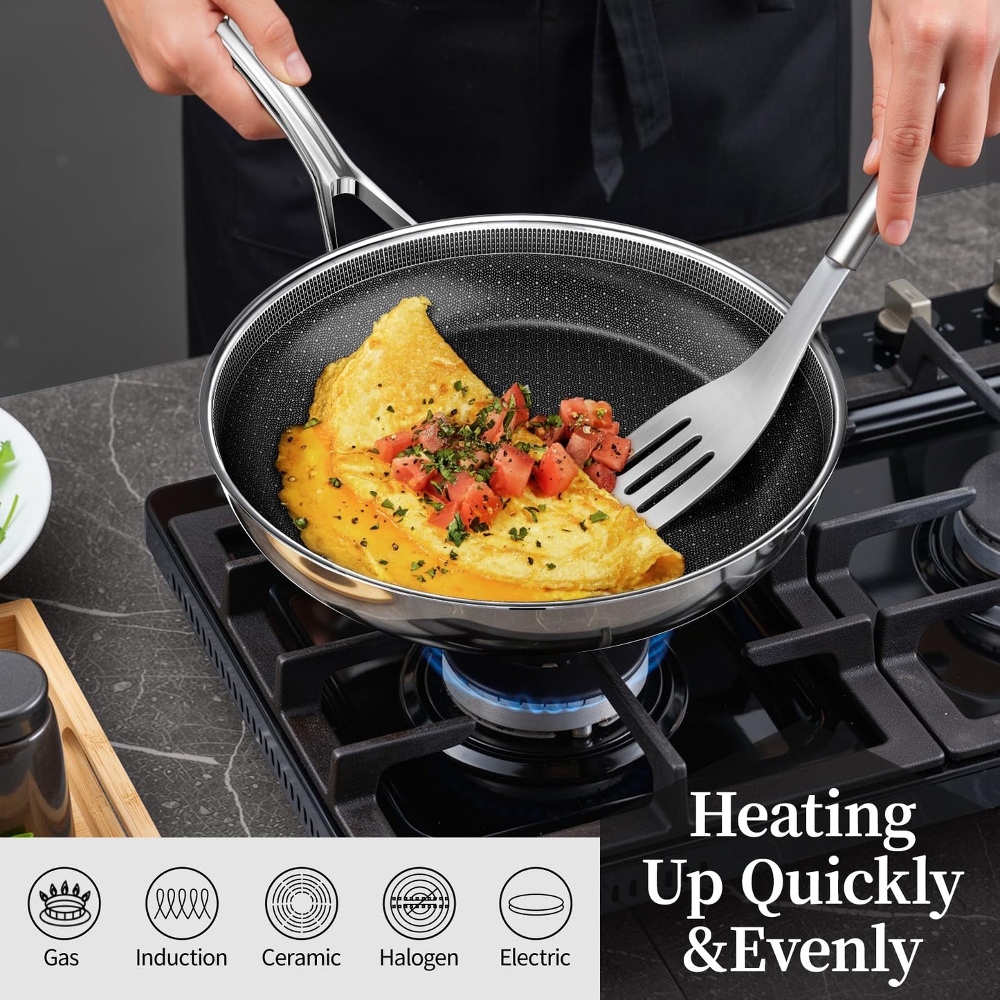 CADIVIZZO Non Stick Frying Pan 11 Inch,Stainless Steel Ceramic Skillet,Nonstick Cooking Pan,PFAS PFOA PTFE Free&Non Toxic,Induction Compatible-Gas&Electric Stovetops,Oven&Dishwasher Safe, Chef's Pan