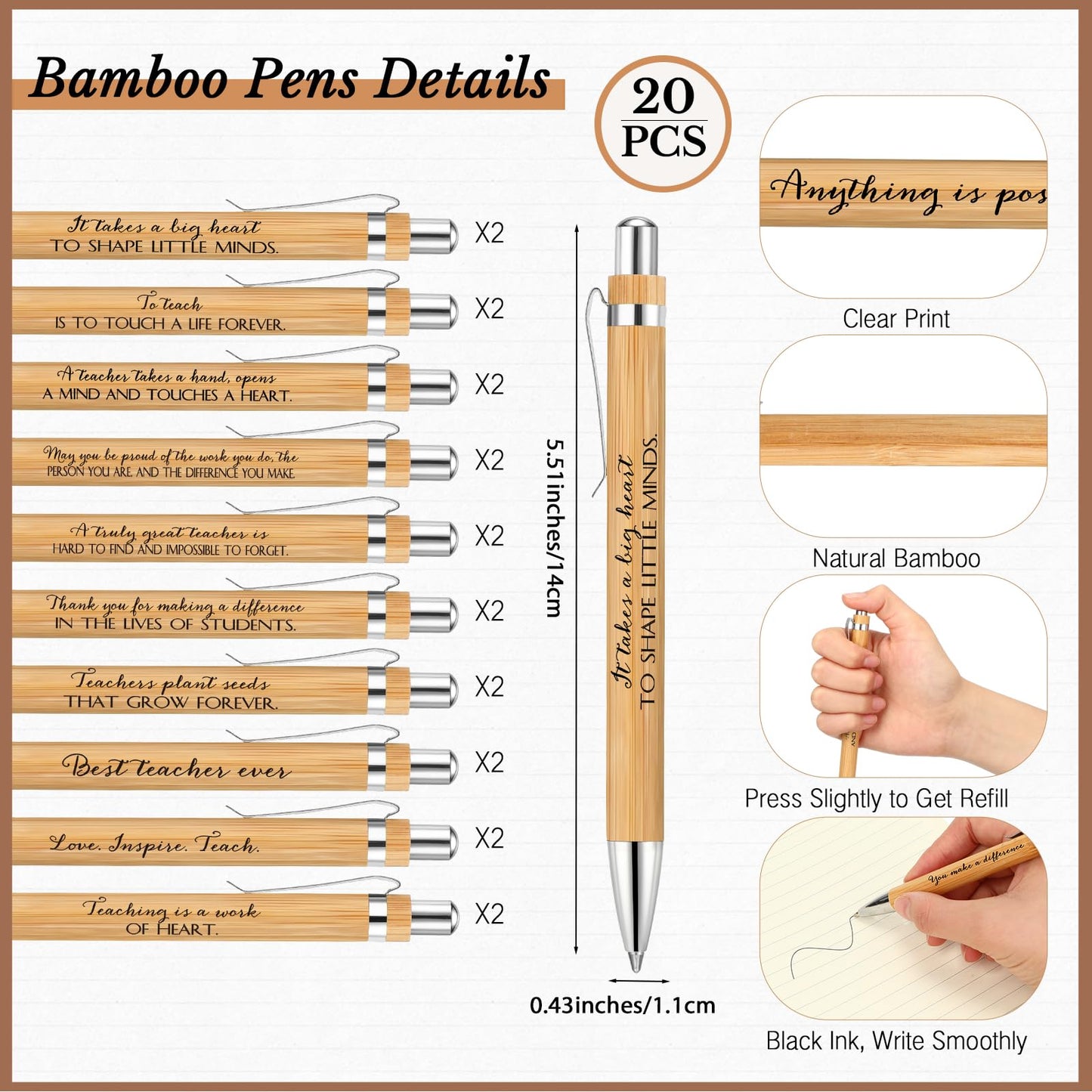 Glenmal 20 Sets Teacher Appreciation Gift for Women Spiral Notebook Thank You End of Year Gift for Teachers from Students Inspirational Journal with Bamboo Pens for Office Employee Supplies