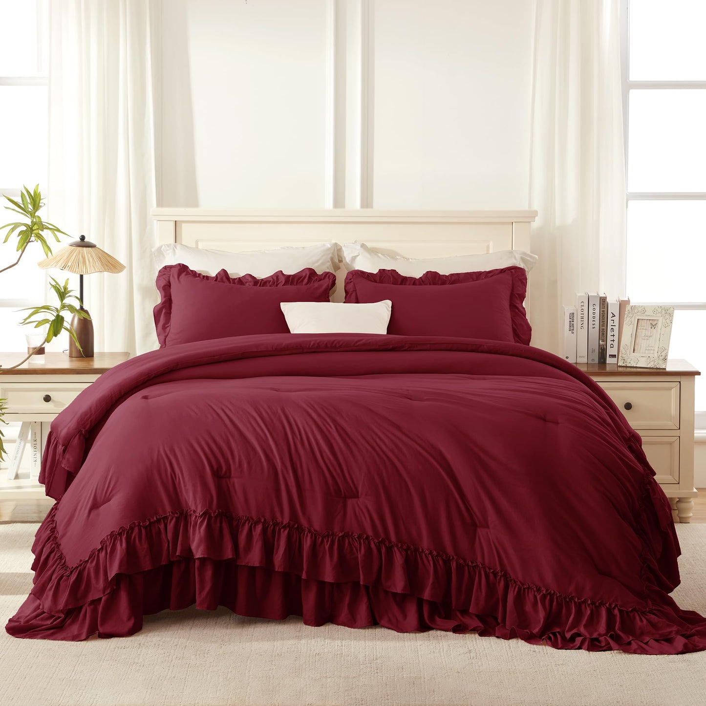 Andency Burgundy Comforter Set Queen Size, Lightweight Fluffy Farmhouse Ruffle Bedding Set, Soft Polyester All Season Shabby Chic Bed Comforter Set 3 Pieces(1 Comforter 2 Pillowcases)