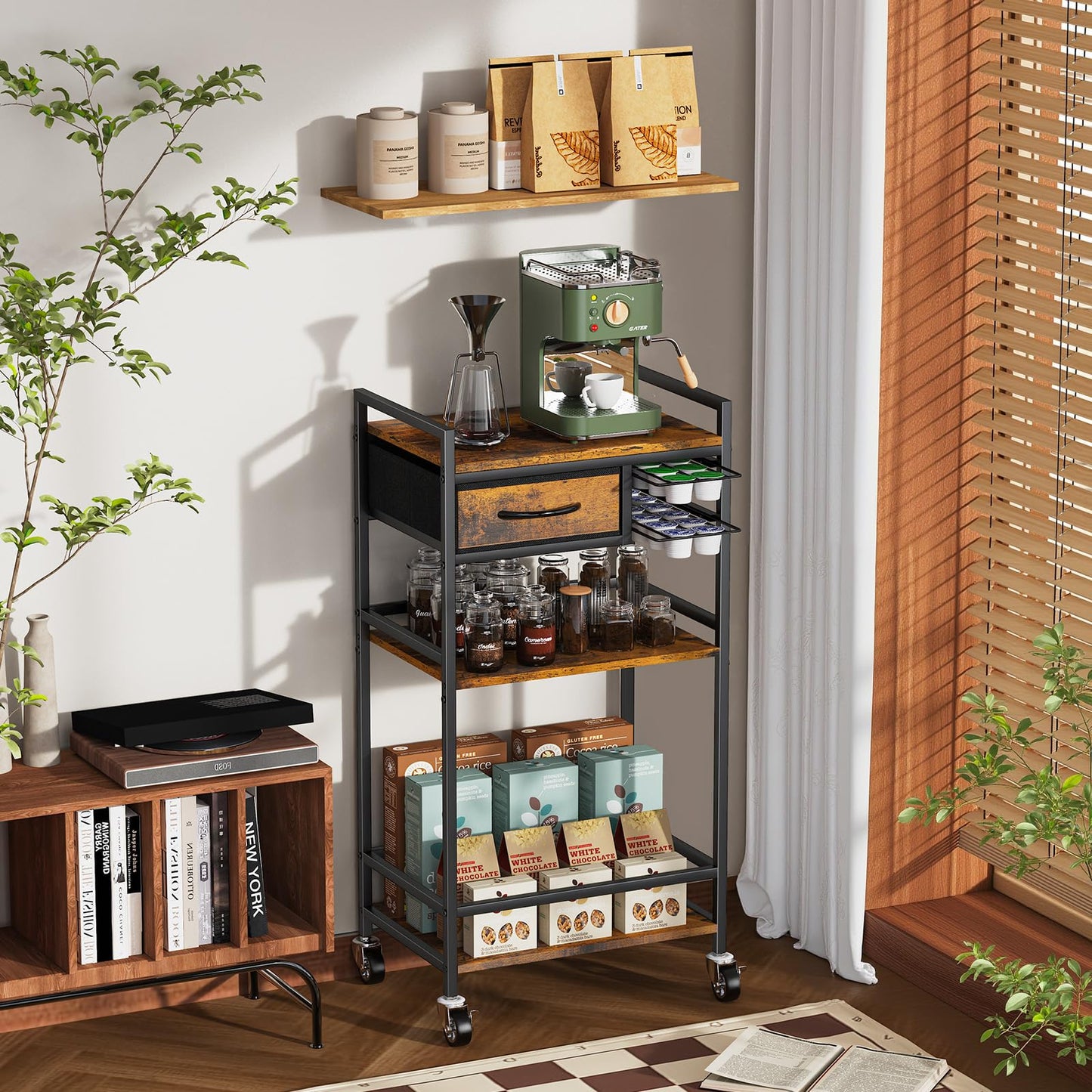 Housolution 4-Tier Coffee Bar Cart with Storage, 33" H Coffee Station Cabinet with Pod Drawers for Nespresso Vertuo, Mini Toaster Oven Stand Table for Home, Kitchen, Living Room (Rustic Brown)