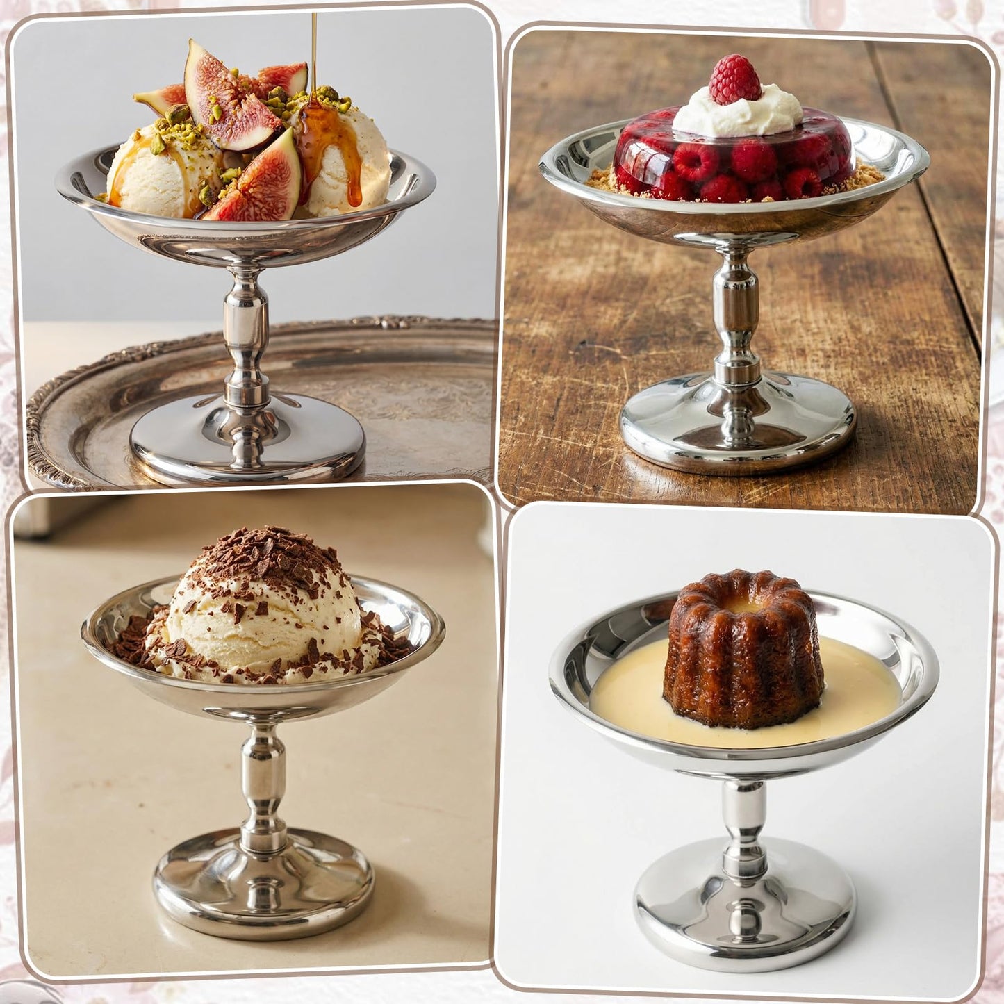 Ferrochef 6 Pcs Mini Stainless Steel Ice Cream Bowls Vintage Silver Serving Pudding Dessert Cup Sauce Bowls Metal Round Footed Yogurt Snack Candy Cups for Mousse Fruit Salad Cake Wedding Party Favor