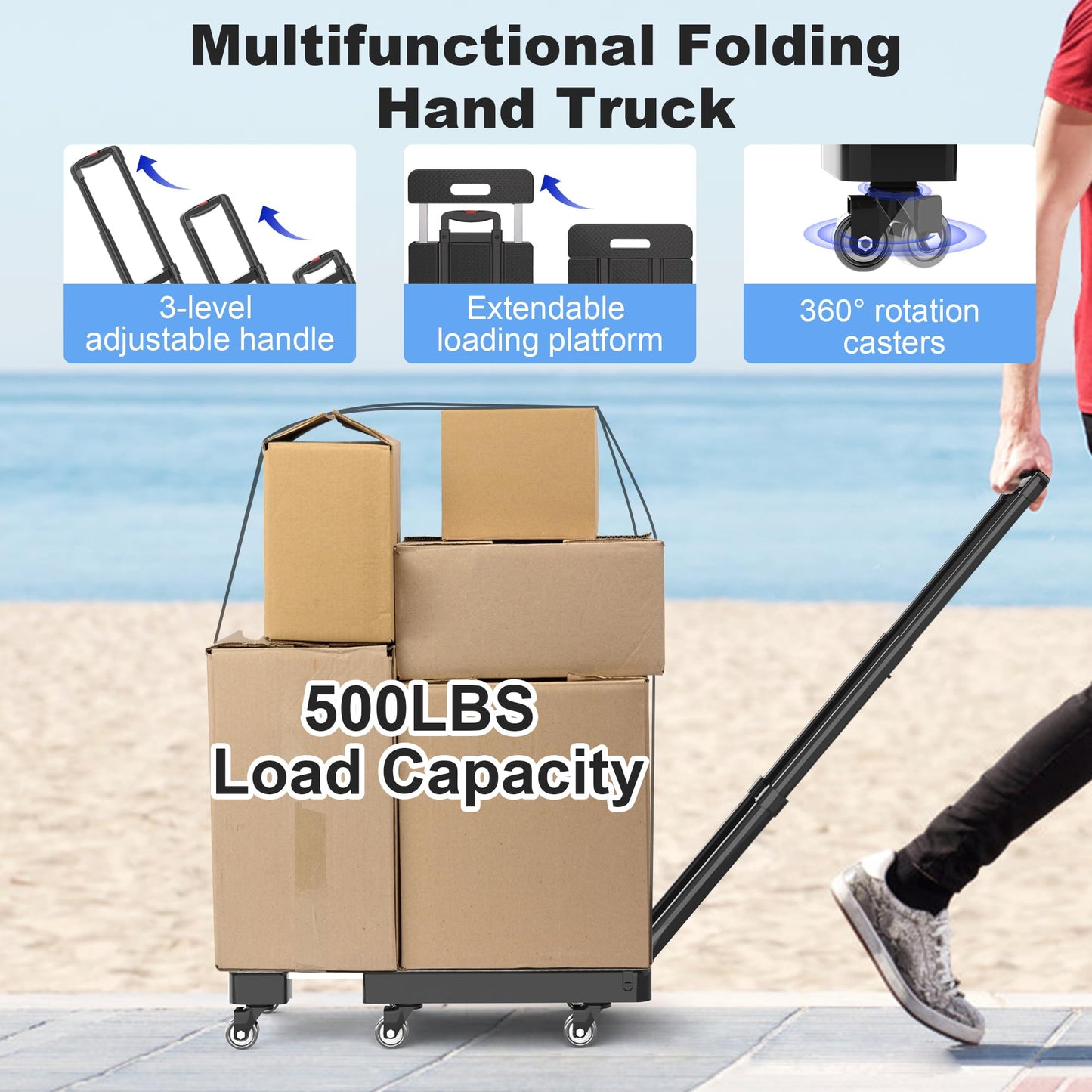 Folding Hand Truck, 500 LBS Heavy Duty Foldable Dolly Cart with Wheels, Telescoping Handle & 2 Elastic Ropes, Portable Luggage Cart for Moving, Travel, Home, Black Red