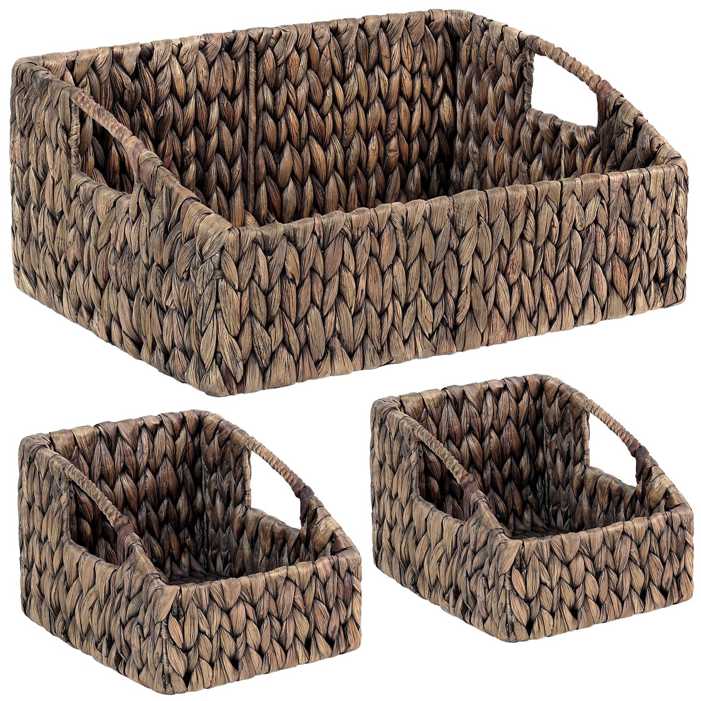Set of 3 Handwoven Storage Baskets – Decorative Natural Wicker Organizer Bins with Built-in Handles for Bathroom, Kitchen, Pantry, Nursery, Closet, Laundry, Living Room, and Home Use