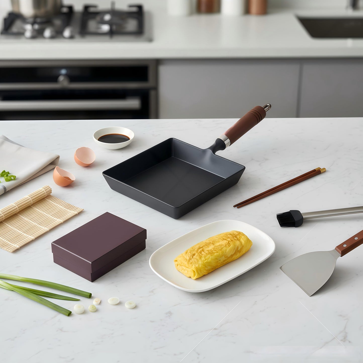 Japanese Cast Iron Tamagoyaki Pan - Pre-Seasoned, Liquid Nitrogen Treated, Non-Rust, Ready to Use, Detachable Wood Handle, Oven Safe, for Omelets, Steak & Camping, Chemical-Free Non-Stick,9x7 Inch