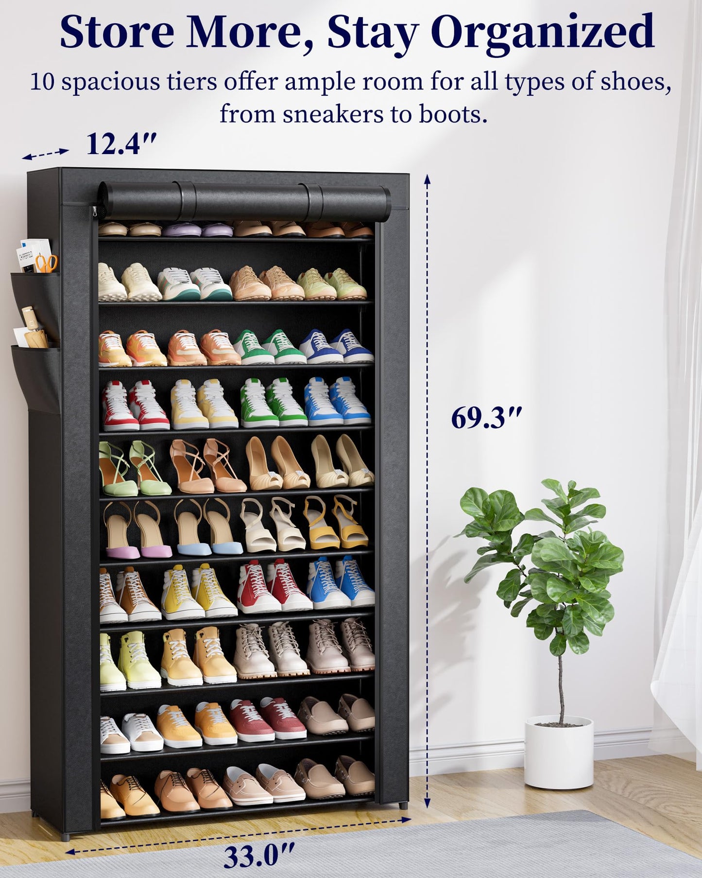 Kitsure Shoe Rack - 10-Tier Shoe Organizer with Zippered Dust Cover & Side Pockets, Easy to Assemble, Space Saving Shoe Rack for Closet, Entryway, Living Room, 33" x 12.4" x 69.3", Black