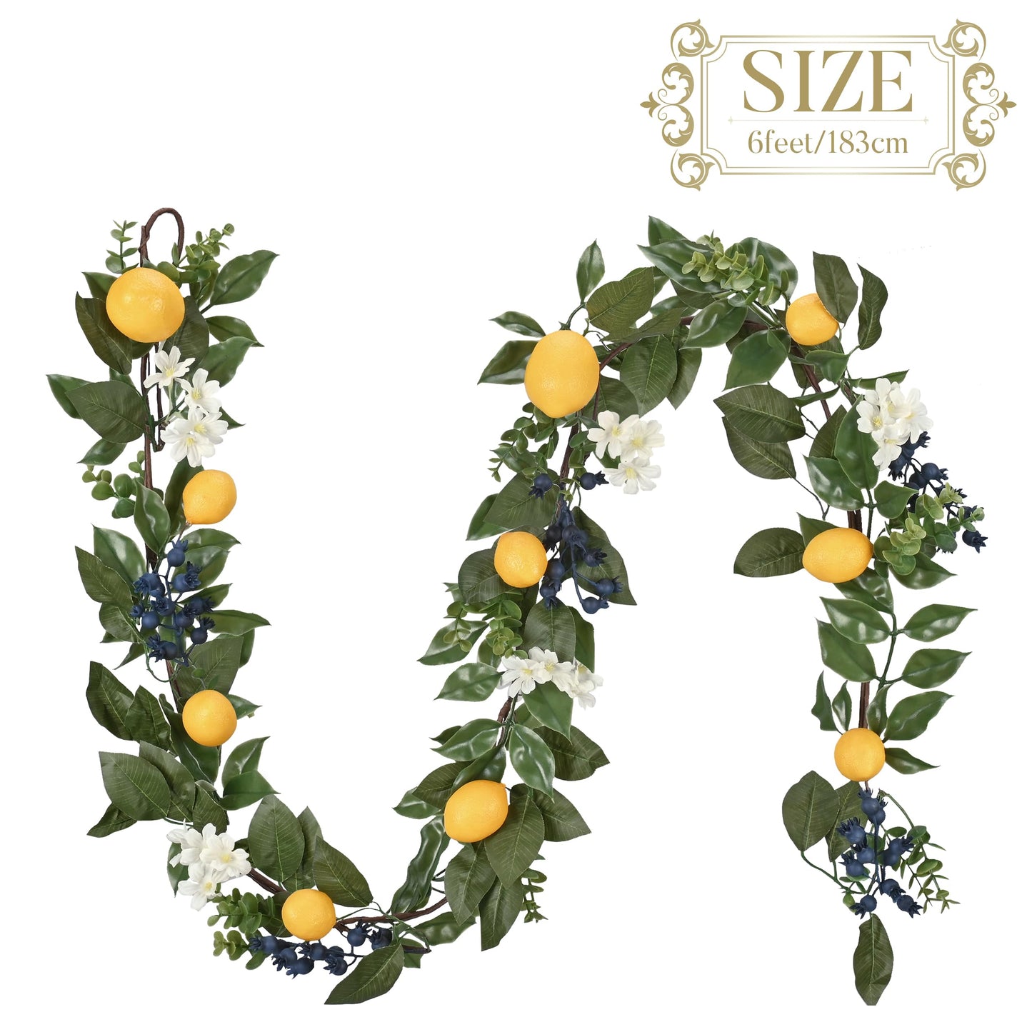 Valery Madelyn 6ft Pre-Lit Lemon Garland with Greenery, Thin Spring Summer Garland for Mantle with Lights, Artificial Fruit Vine for Stairs Fireplace Table, Farmhouse Kitchen Home Wall Party Decor