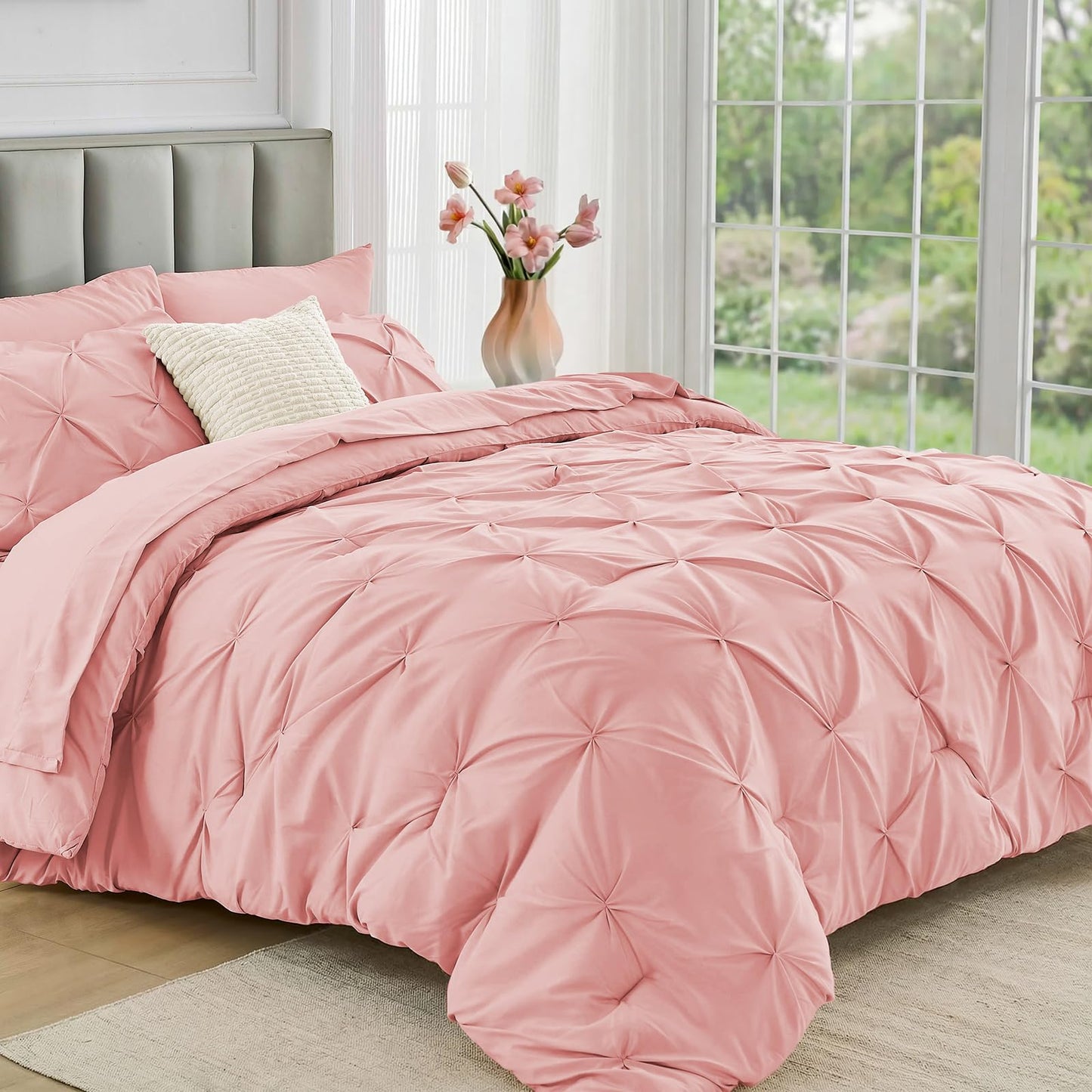 JOLLYVOGUE King Size Comforter Set 7 Pieces - Bed in a Bag King for All Season, Pintuck Bedding Comforter Sets with Comforter, Flat Sheet, Fitted Sheet and Pillowcases & Shams, Pink