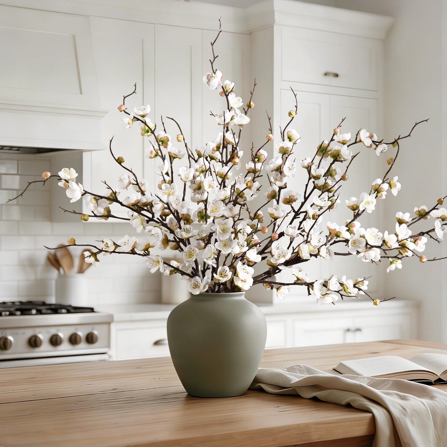 Waipfaru 4 Pcs Faux Cherry Blossom Branches, 36'' Cherry Blossom Tree Decor with Long Stems, Artificial Flowers for Tall Vases Spring Home Decoration (White)