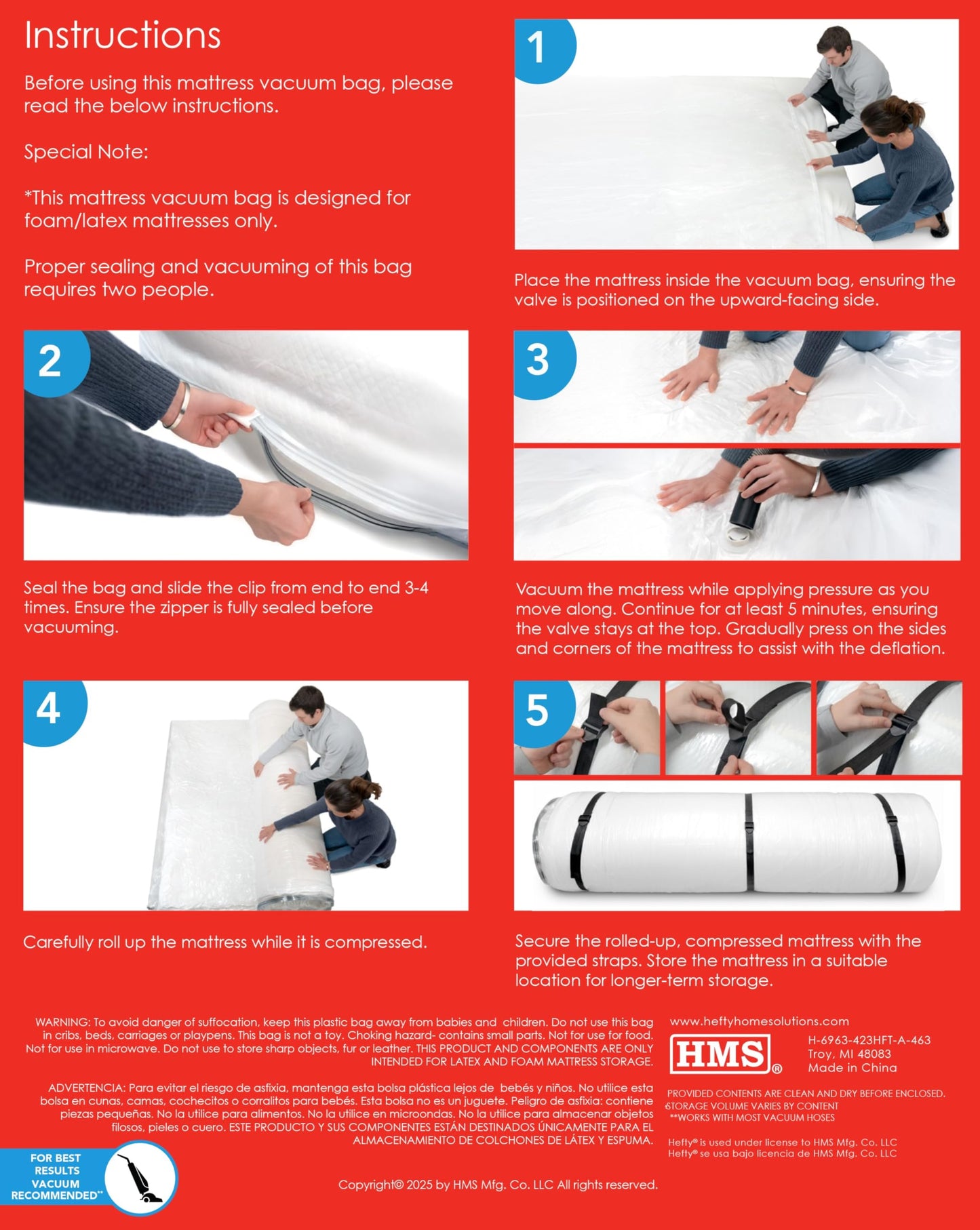 Hefty Shrink-Pak Mattress Bags for Moving – Twin/Twin XL Size | Heavy Duty & Water Resistant Vacuum Compression Mattress Bag, Storage Protection Mattress Cover for Moving