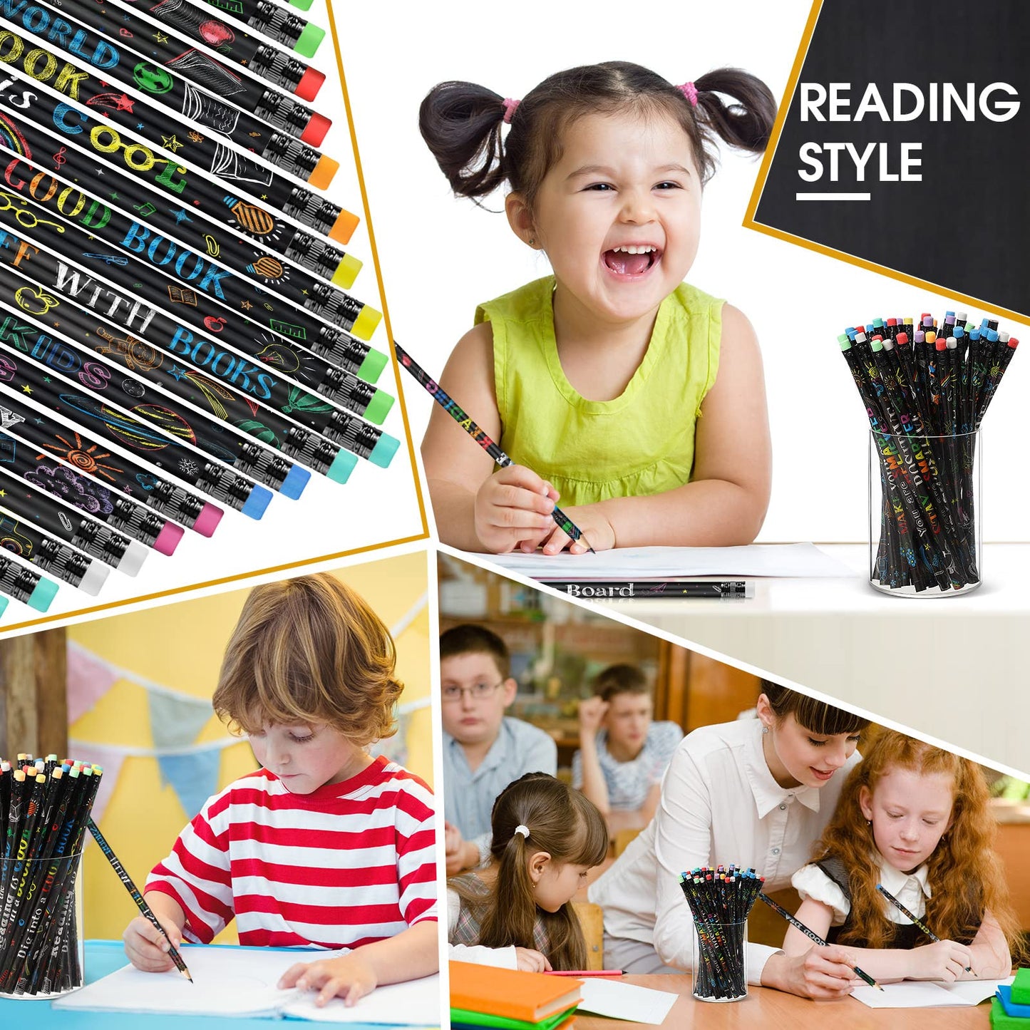 Pasimy 480 Pcs Reading Motivational Pencils Bulk Black Novelty Wooden Pencils with Eraser Classroom Inspirational Pen with Sayings for Kids Student Teacher School Reward Gifts Stationery Party