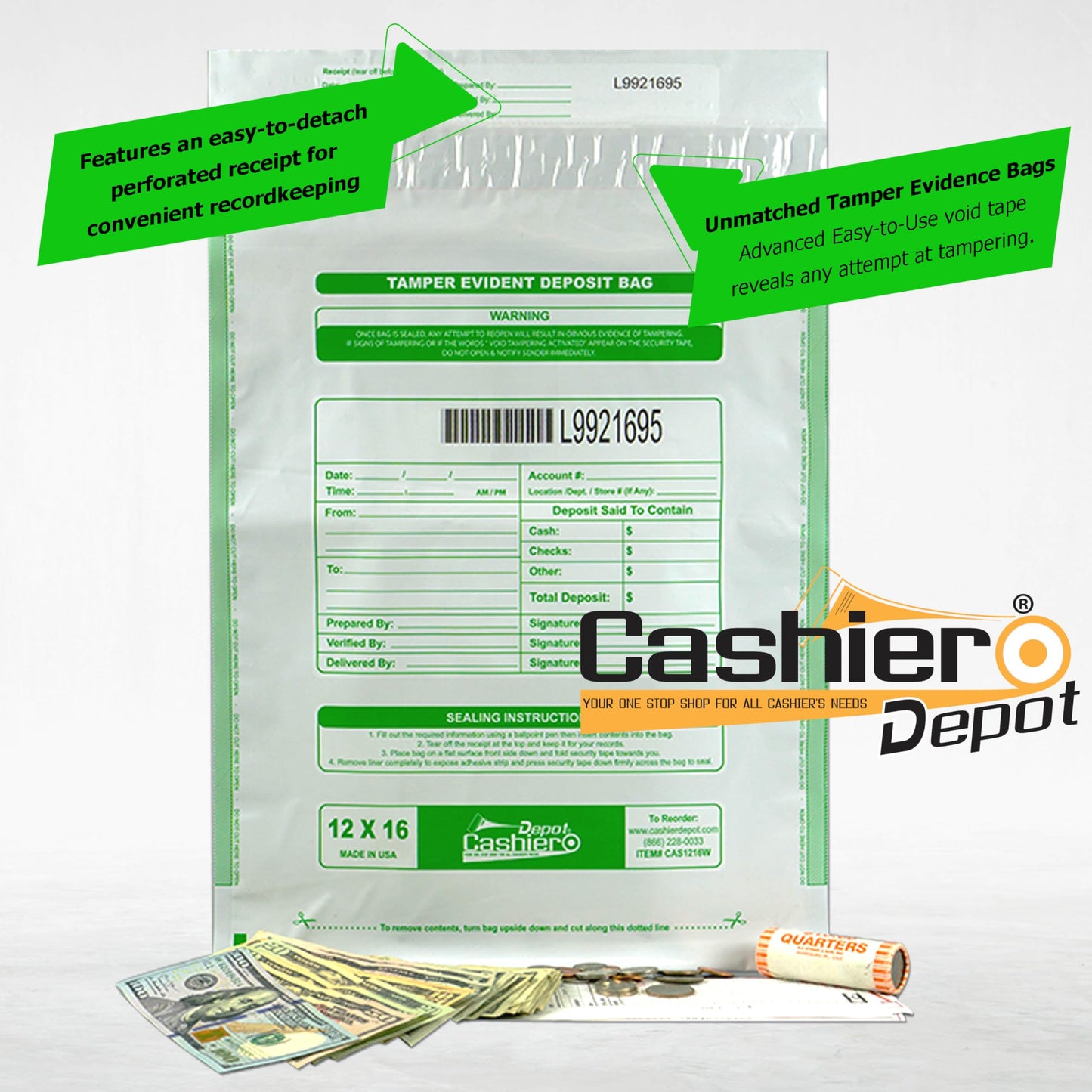 100 Cashier Depot - Tamper Evident Bank Deposit Bags, 12 x 16 Inches, White, 100 Count, Press & Seal Void Closure, Serialized Numbering with Barcode, Made in USA