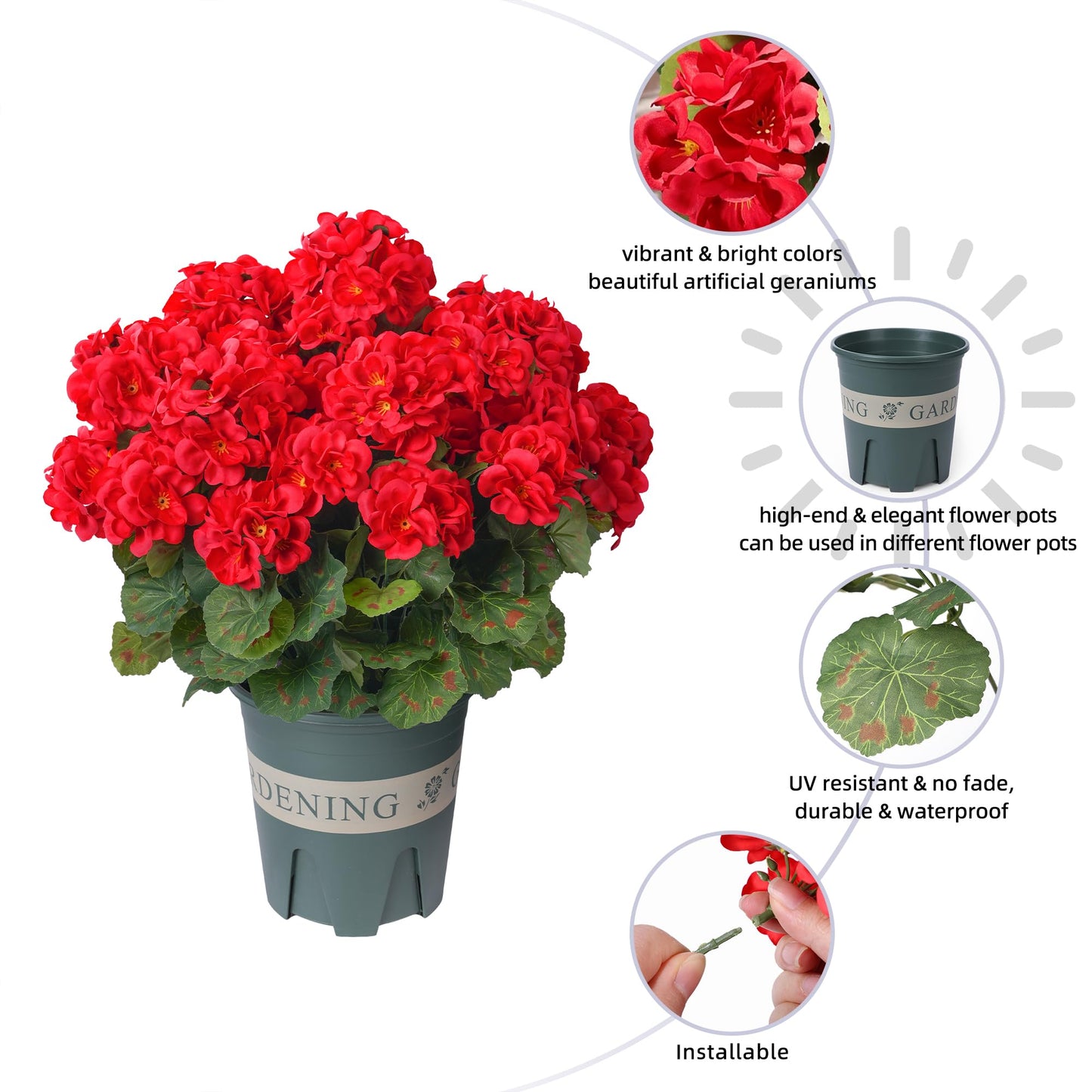 Geraniums Artificial Flowers for Outdoors, 2 Pack Potted Plants Red Faux Geraniums Bush Artificial Topiaries Realistic UV Resistant Fake Flowers Plants for Planters Outside Gardens Front Door Indoor