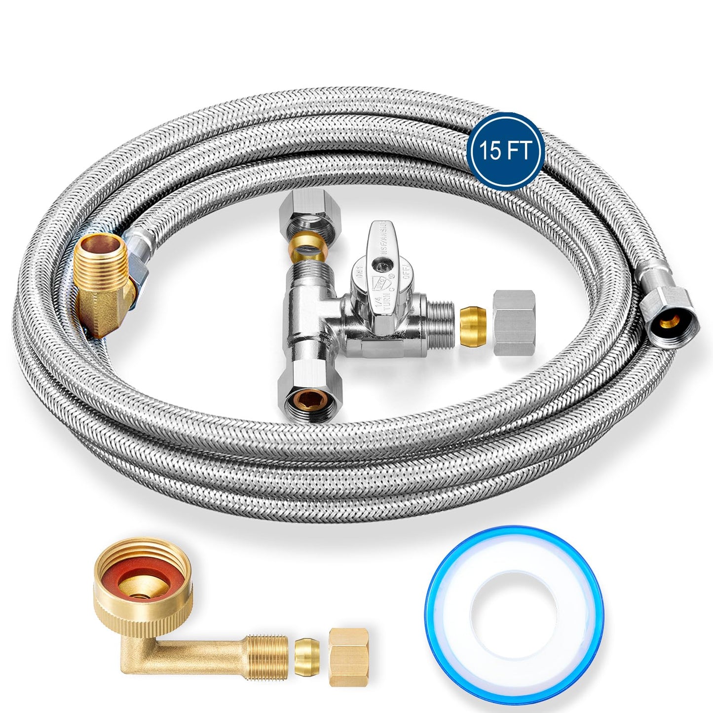 Dishwasher Installation Kit - 15 FT Stainless Steel Braided Dishwasher Hose kit,Food Grade PEX Inner Tube Water Line with 3/8"x 3/8"x 3/8" Tee Stop Valve,3/8"x 3/8"MIP Elbow,3/8"x 3/4"FHT Elbow