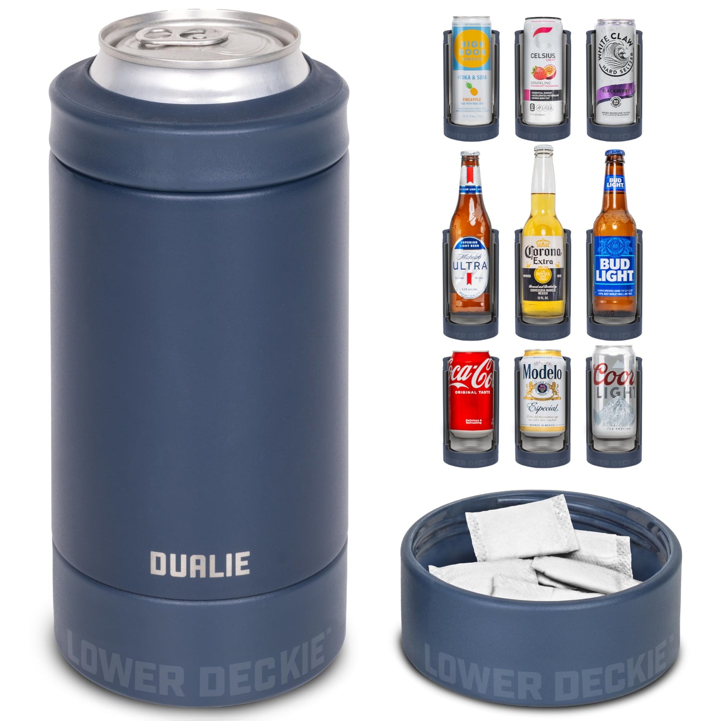 DUALIE Lower Deckie - Insulated 12 oz Can Cooler with Pouch Container - Universal Drink Holder with Built-in Pouch Bin - Navy