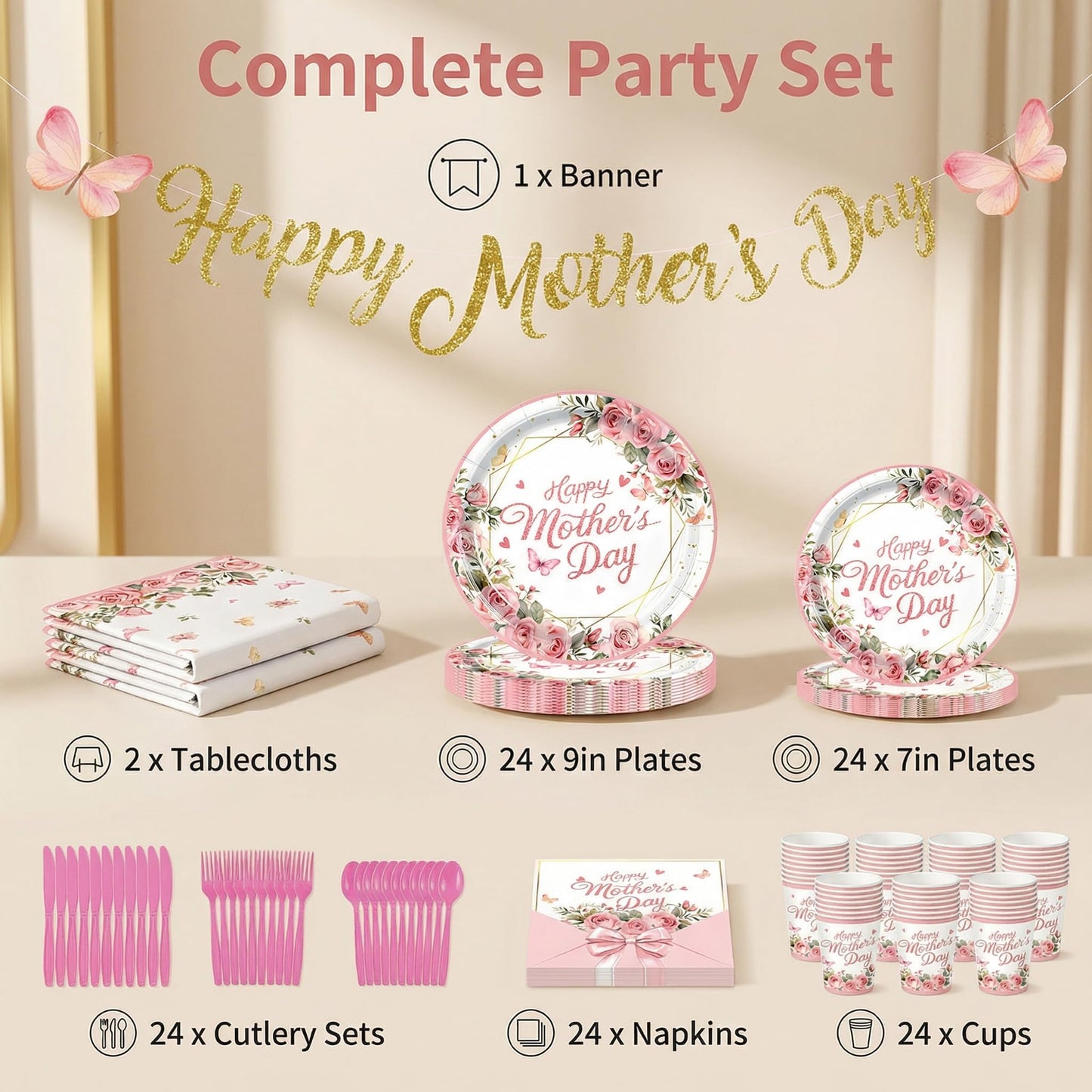 Happy Mothers Day Decorations Plates Set for Party - Serves 24, Includes Happy Mothers Day Banner, 2 Mothers Day Tablecloths, Pink Floral Plates, Napkins, Cups Table Decor Sign for Mom