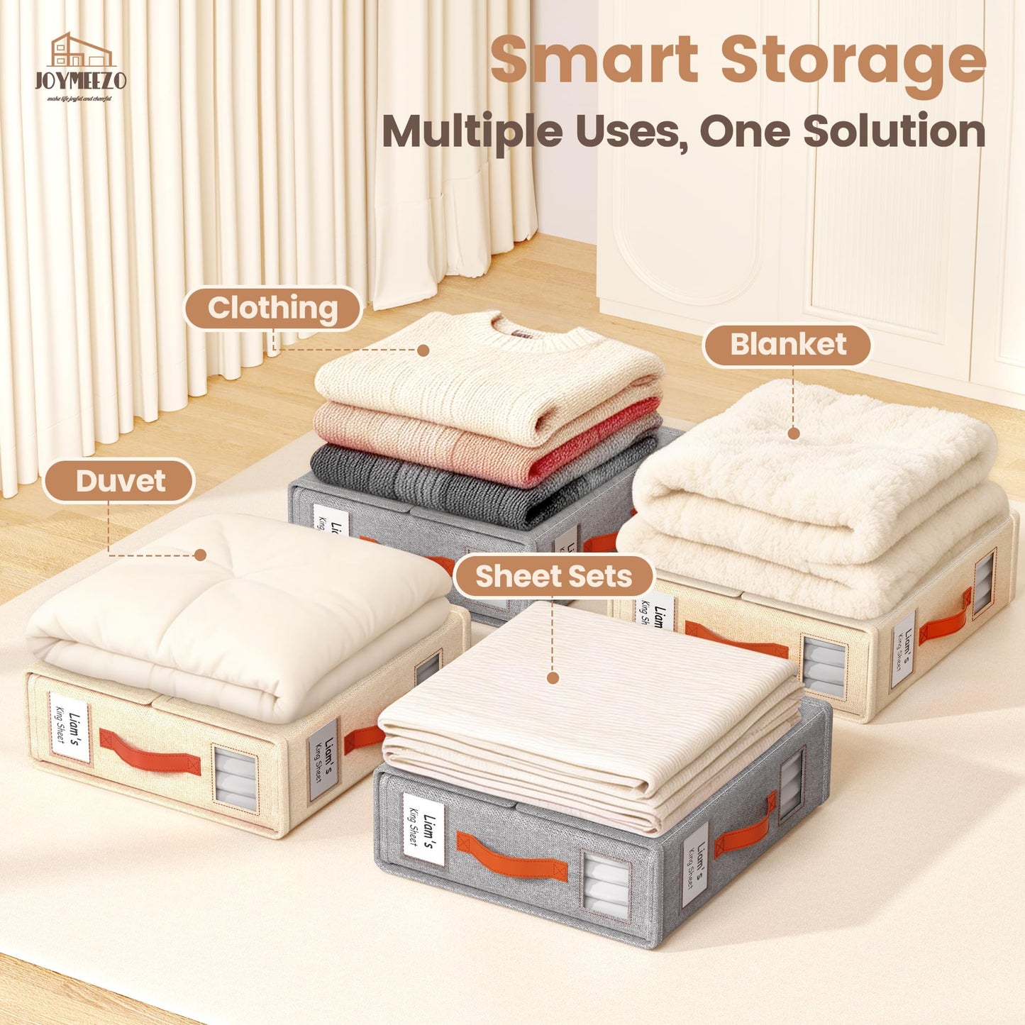 Joymeezo 6 Pack Bed Sheet Organizers and Storage(King &Queen Size) with an Elastic Strap, Foldable Closet Linen Sheet Storage Container, Sheet Set Box for Blanket, Duvet Cover and Pillowcase, Beige