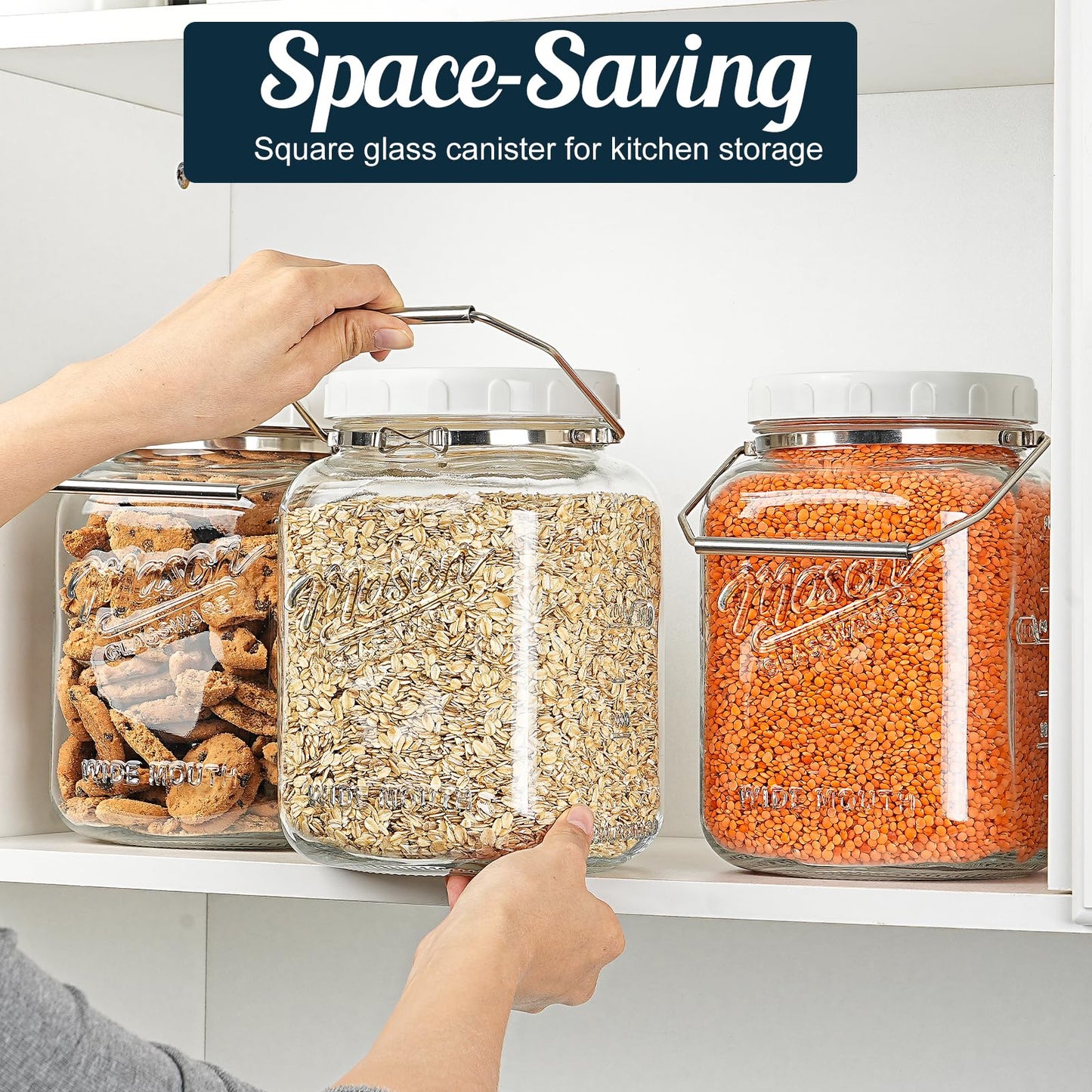 Dwbligt 2 Pack Square Wide Mouth Mason Jars, 1 Gallon Glass Jar With Airtight Lid and Scale Marks, 128 FL Oz/3785 ML Food Storage Containers with Handles & Non-slip Bases - for Flour, Rice, Pickling