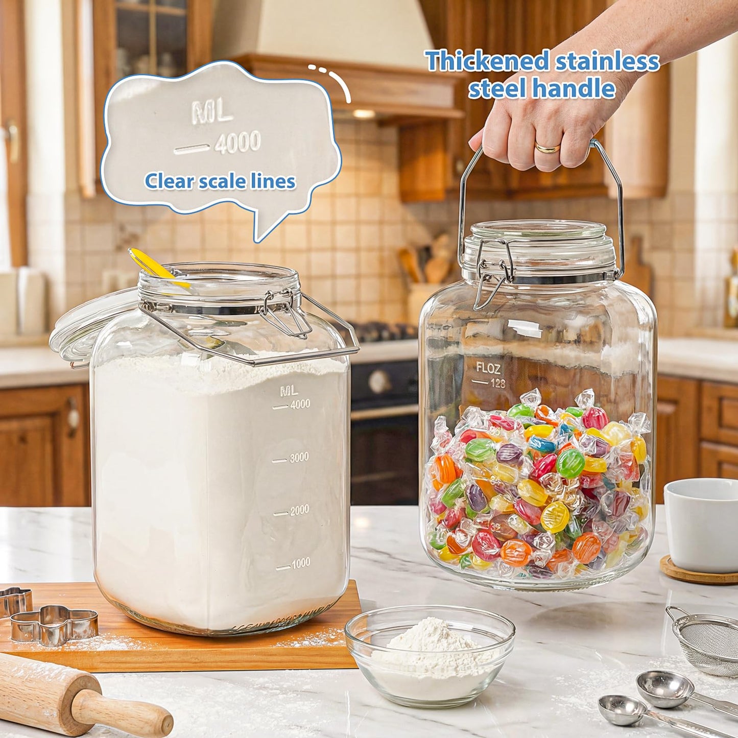 1.5 Gallon Glass Jars With Airtight Lid, Gallon Mason Jars Wide Mouth w Scale Marks(192 FL Oz), Glass Storage Containers with Lids And Sturdy Handles For Flour, Sugar, Baking Supplies, Set of 2
