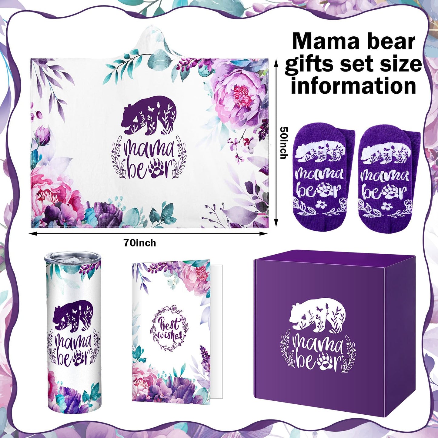 HunnmingRe 5 Pcs Mama Bear Gift Box Set for Mom Mother's Day, Birthday Purple Wearable Blanket Hoodie Tumbler Greeting Card Socks Gifts from Son Daughter Husband for Wife Women