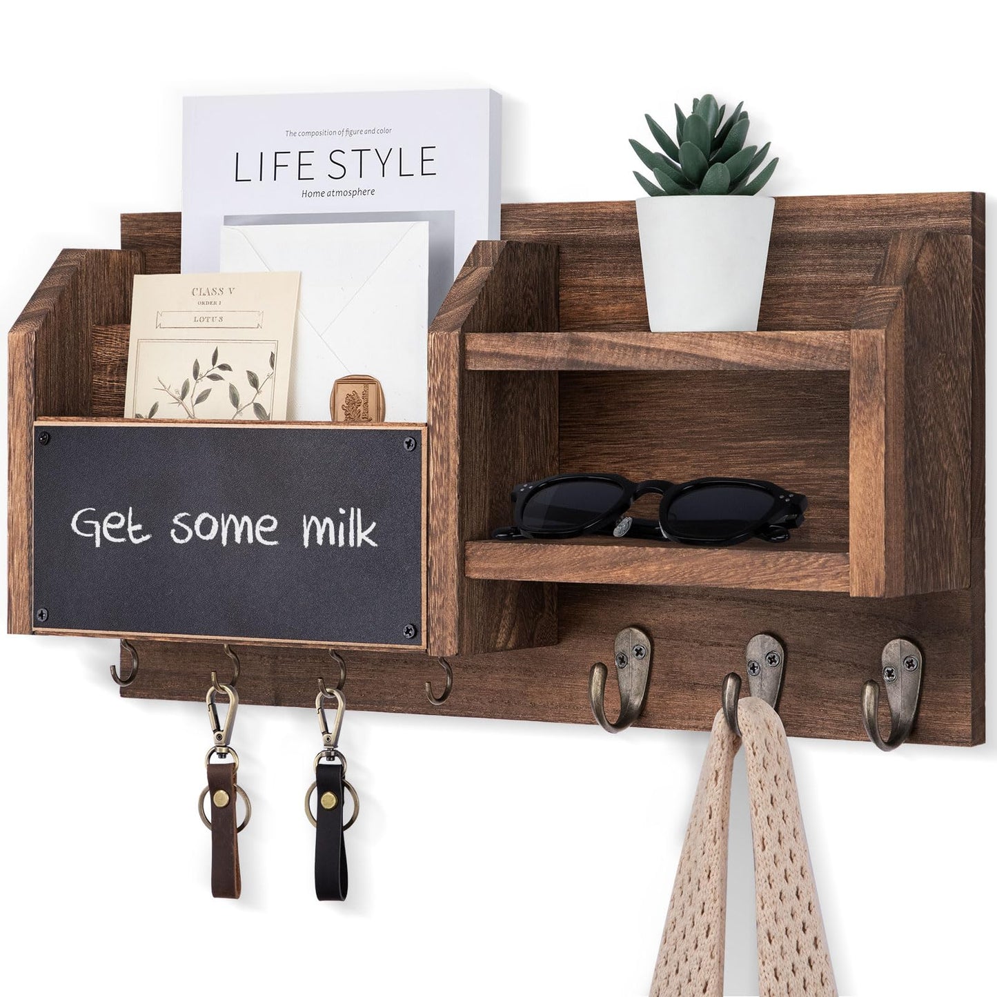 Lwenki Mail and Key Holder – Wall Mount Key Hanger with Shelf and 7 Metal Hooks – Decorative Natural Paulownia Wood Entryway Organizer with Mounting Hardware (16.5”W x 8.7”H x 3.5”D) (Brown)