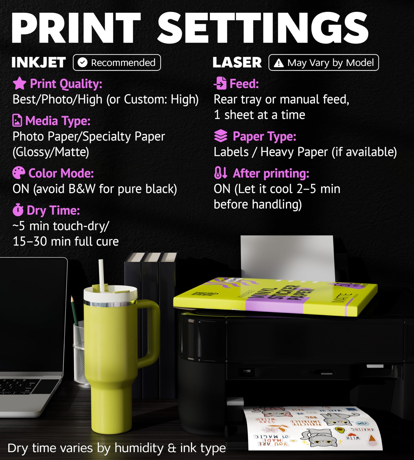 Premium Printable Vinyl Sticker Paper for Inkjet Printer and Laser - 100 White Matte Sticker Paper Waterproof - Durability Adhesive Paper 8.5x11 (Matte, 100 Sheets)