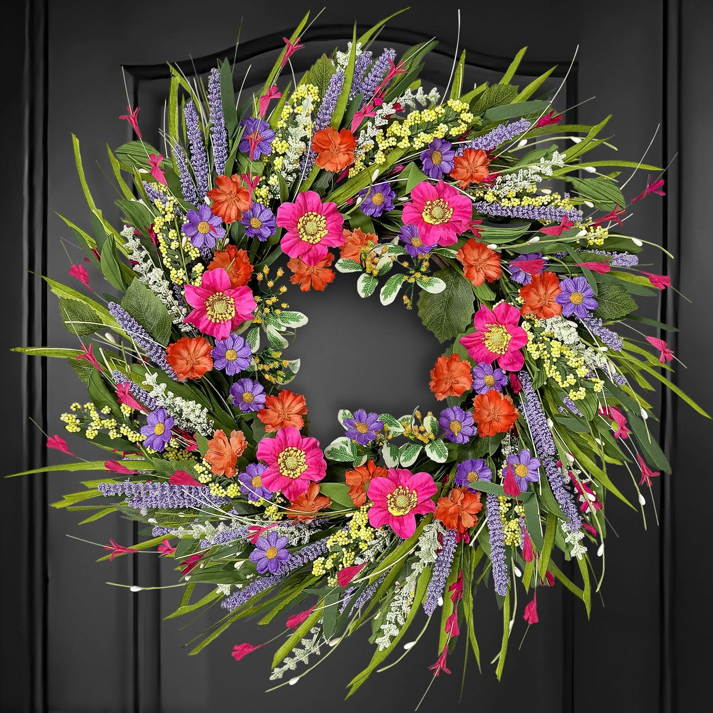 Spring Wreaths for Front Door 24 Inch with Vibrant Lavender and Daisy, Large Spring & Summer Wreath for Door Outside, Year Round Farmhouse Wedding Window Wall Decor, Housewarming Gift