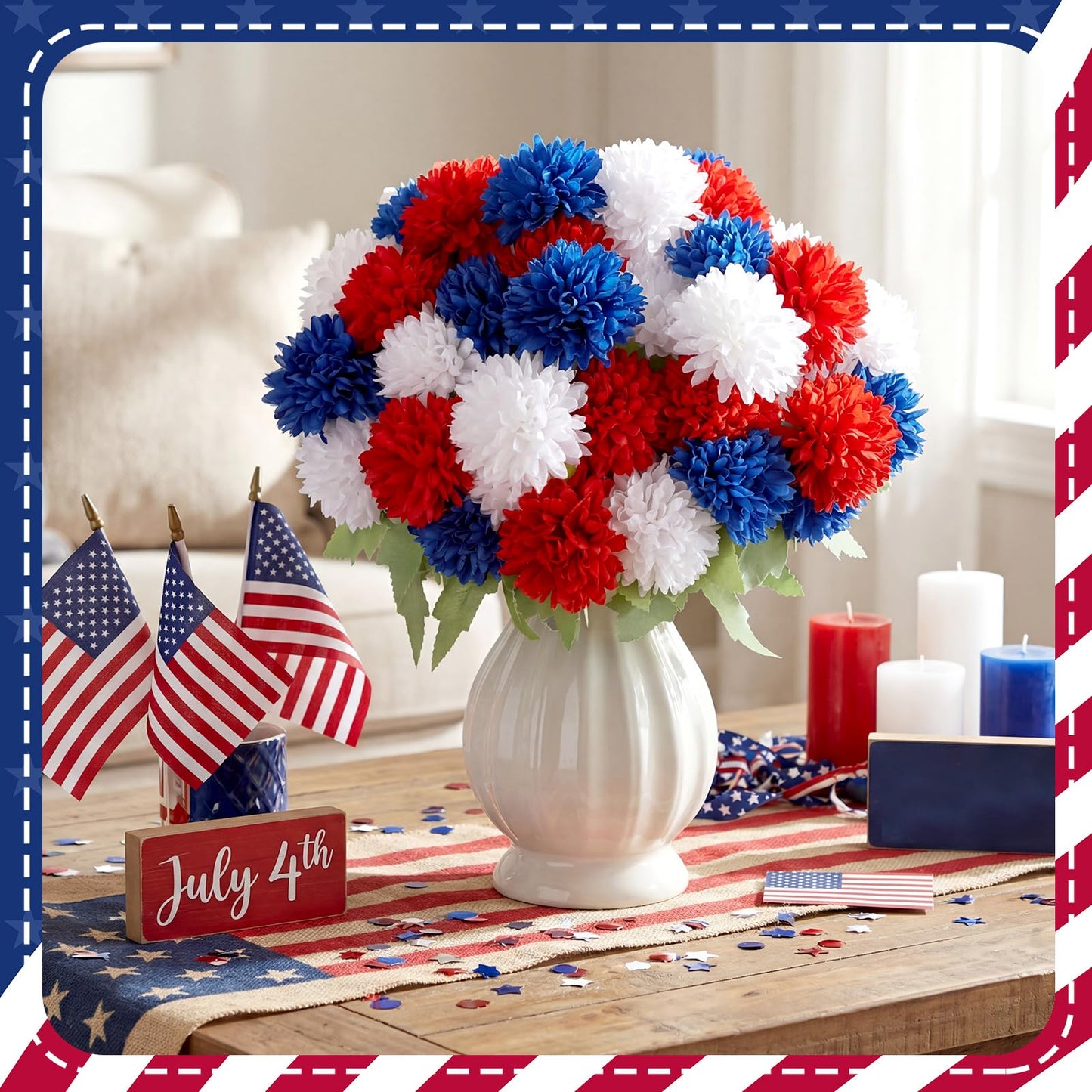 12 Bundles Red White Blue Artificial Flower for Outdoor UV Resistant 250th Anniversary Patriotic Outdoor Decoration Fake Chrysanthemum Flowers for July of 4th Independence Day National Day Party Decor