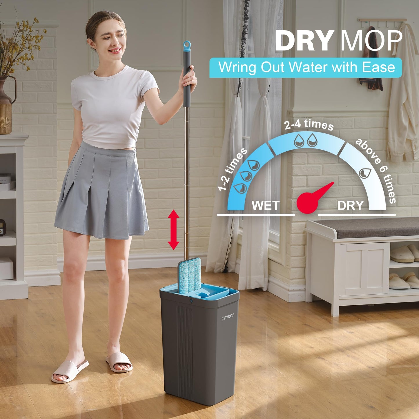 JOYMOOP Mop and Bucket Set, Mops for Floor Cleaning, Wall Mop Cleaner with Long Handle, with 4 Reusable Microfiber Mop Pads - Grey+Cyan Blue