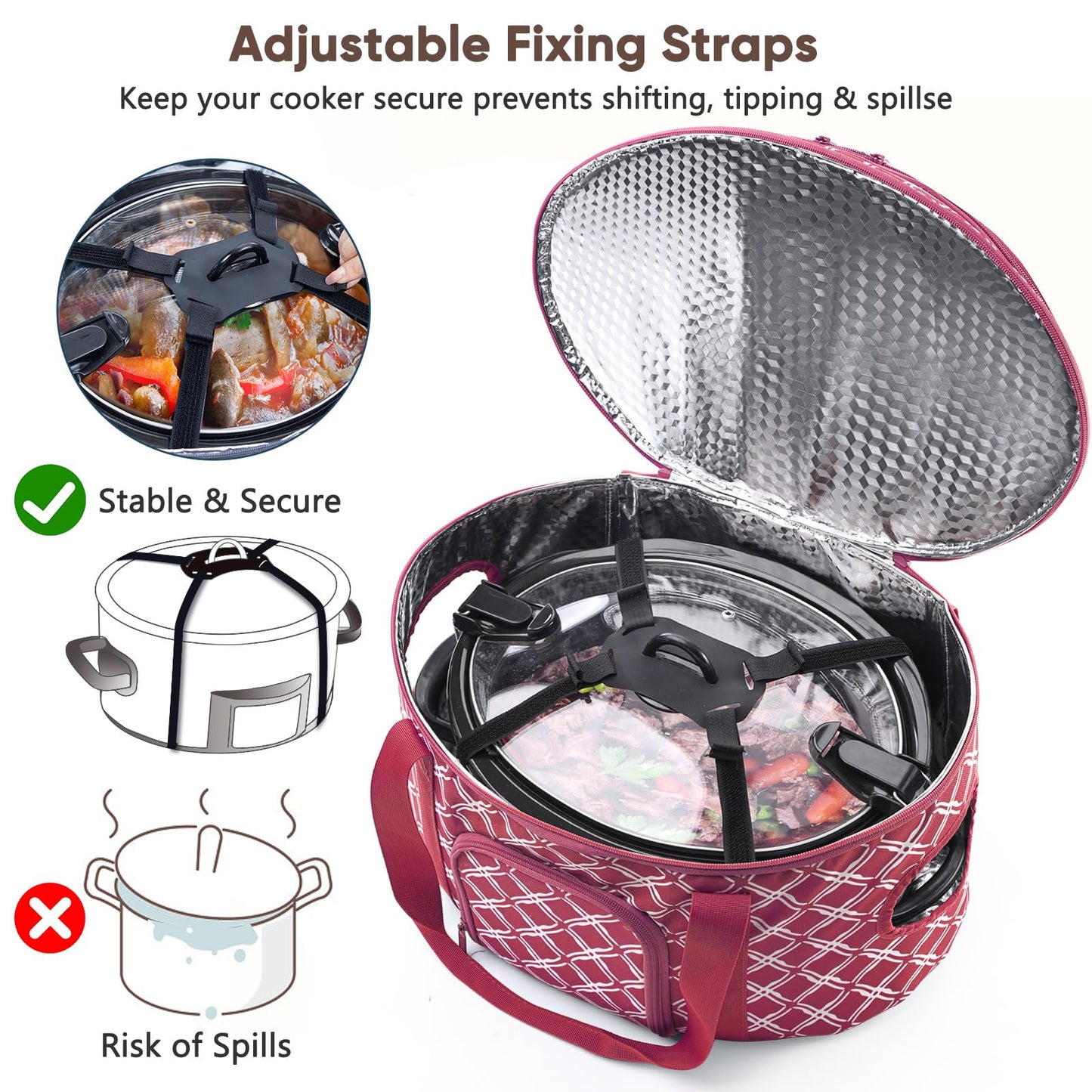 BAGSPRITE Double-layer Slow Cooker Carrying Case for Crock Pot 6-8 Quart, Insulated Crockpot Carrier with Adjustable Lid Straps,Portable Slow Cooker Travel Bag for Potluck, Parties, Family Gatherings