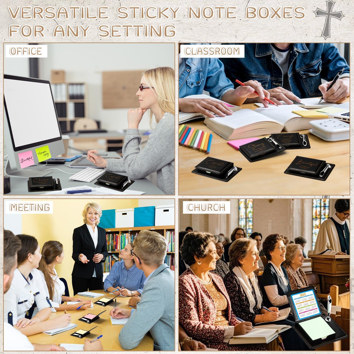 Spakon 12 Set Christian Gifts Bulk, Fathers Day Religious Bible Verse Sticky Note Holder with Pen, PU Leather Scripture Memo Box for Graduation Women Men, Inspirational Church Gifts (Black)