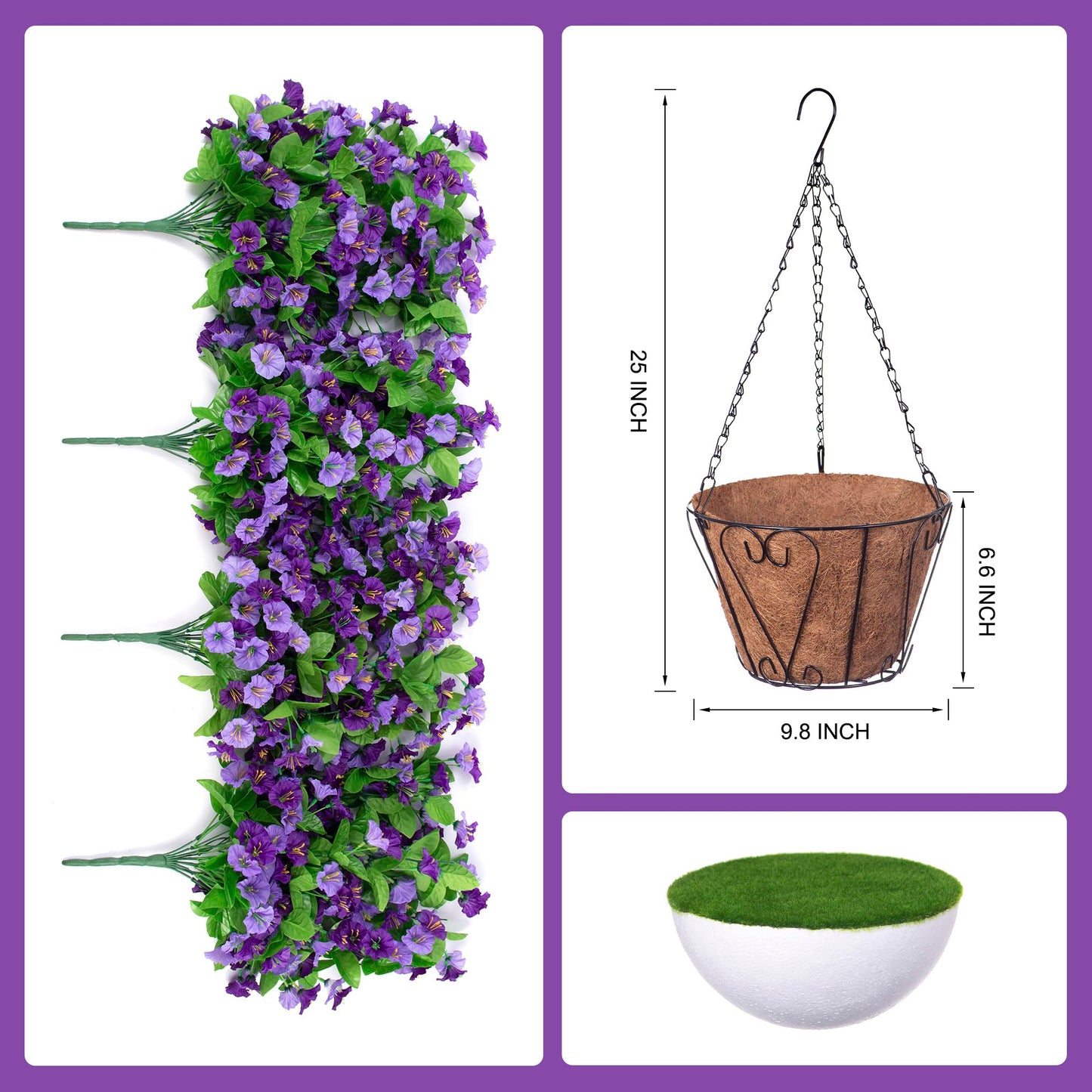 INXUGAO Artificial Flowers with Hanging Basket, Outdoor Faux Plants Silk Morning Glory Vines, Fake Green Arrangement for Garden Patio Spring Summer Decor(4 pcs,Purple)