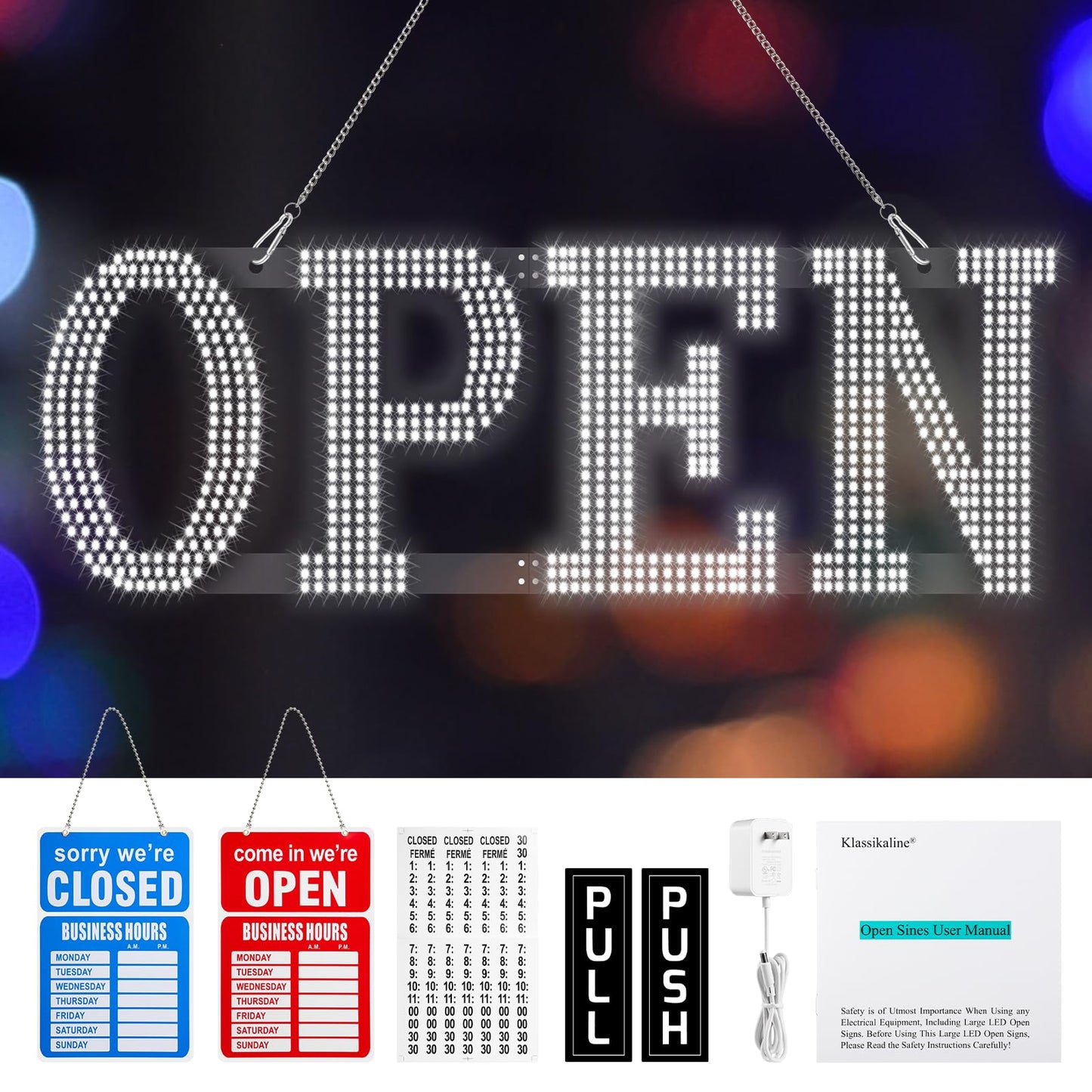 Open Signs for Business, Klassikaline 30"L x 10"W Inch Ultra Bright Large LED Open Signs Business Hour Open Sign for Hotel, Store, Bar, Retail Shop, Salon, Restaurant