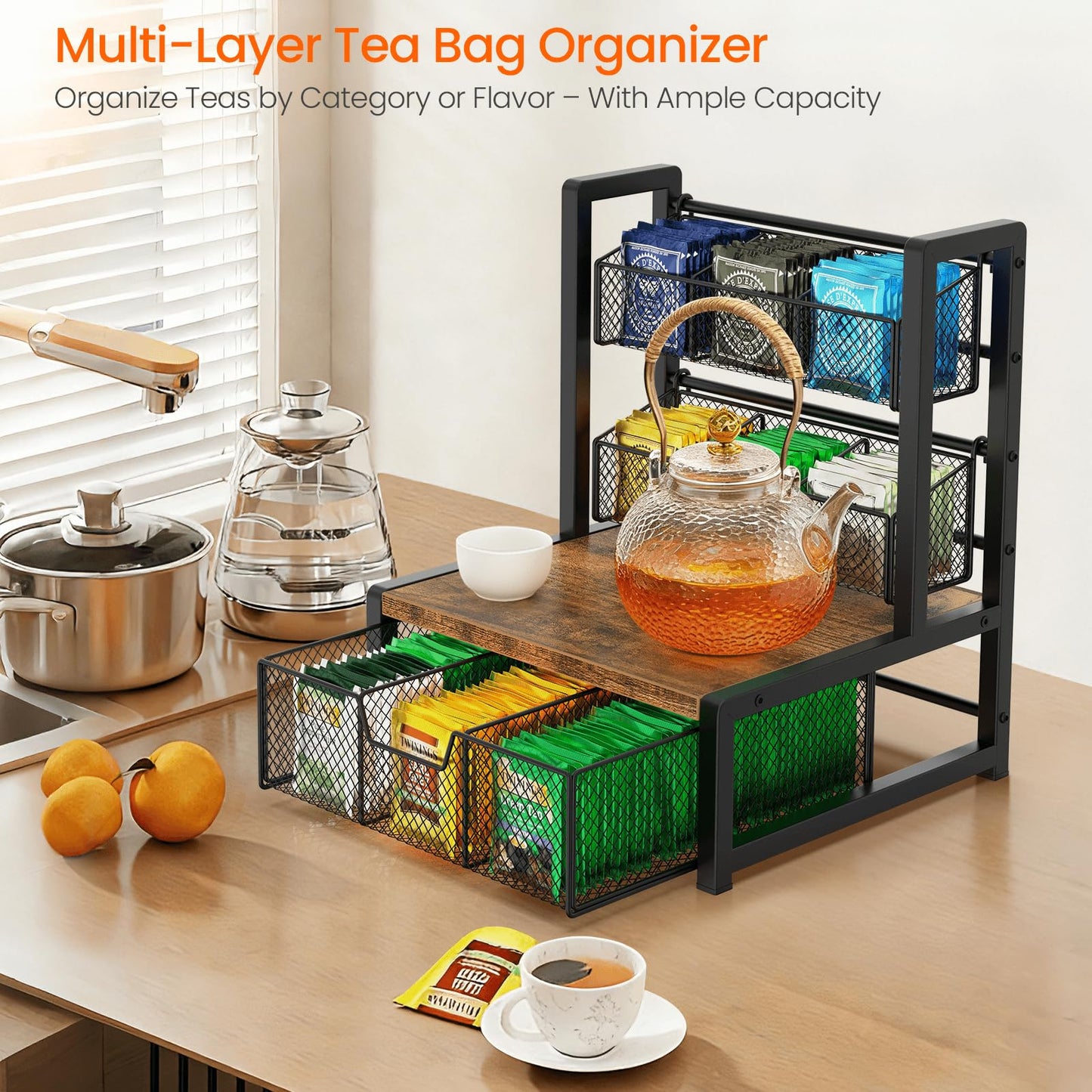 Homode Tea Bag Organizer, 3 Tier Tea Storage Container Box, Wood Tea Station Caddy, Teabag Holder Stand with Drawer Basket, Large Tea Chest Display Rack for Countertop Cabinet Office, Rustic Brown