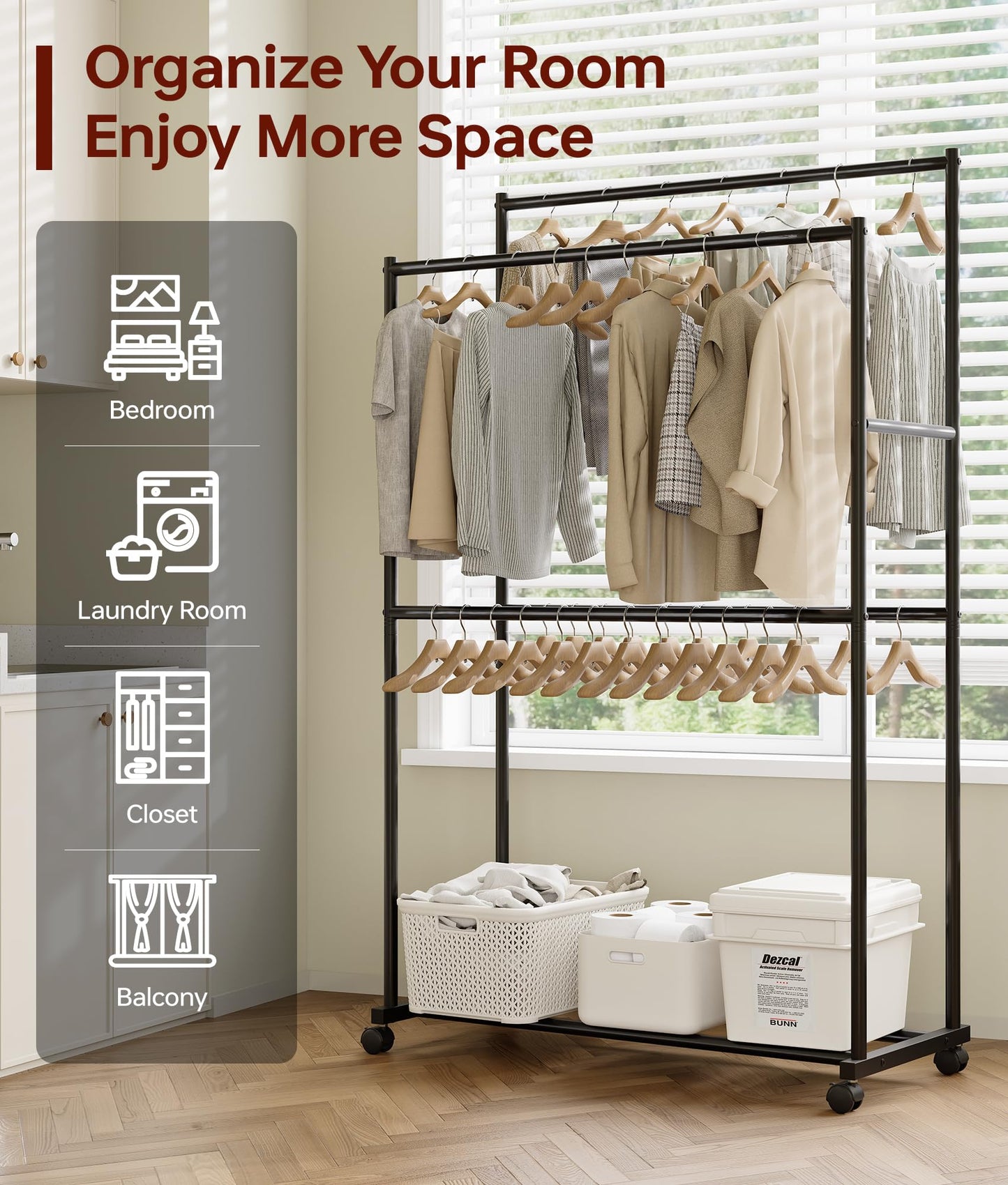 Tujurich Clothes Rack - 36.2" x 21.3" x 72", 4-Bar Double Rod Rolling Metal Clothing Rack for Hanging Clothes, Portable Garment Rack with Wheels for Bedroom Laundry, Closet Wardrobe, Black