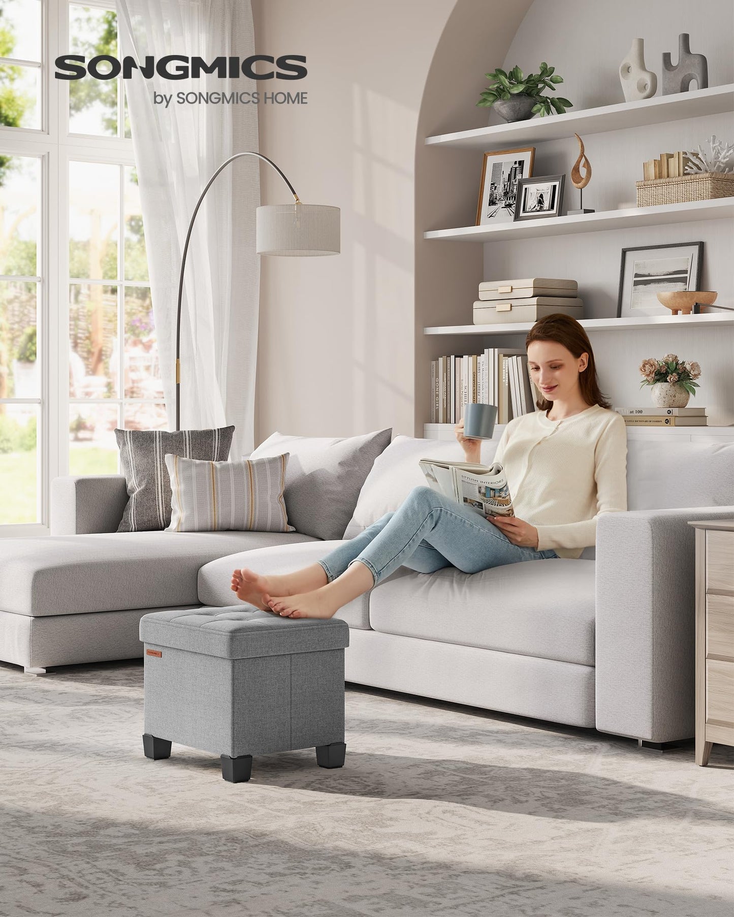 SONGMICS Storage Ottoman, Small Ottoman Foot Rest with Legs, 12.6 x 15.7 x 13.2 Inches Foot Stool, Load up to 660 lb, for Living Room, Bedroom, Dorm, Dove Gray ULSF012G02