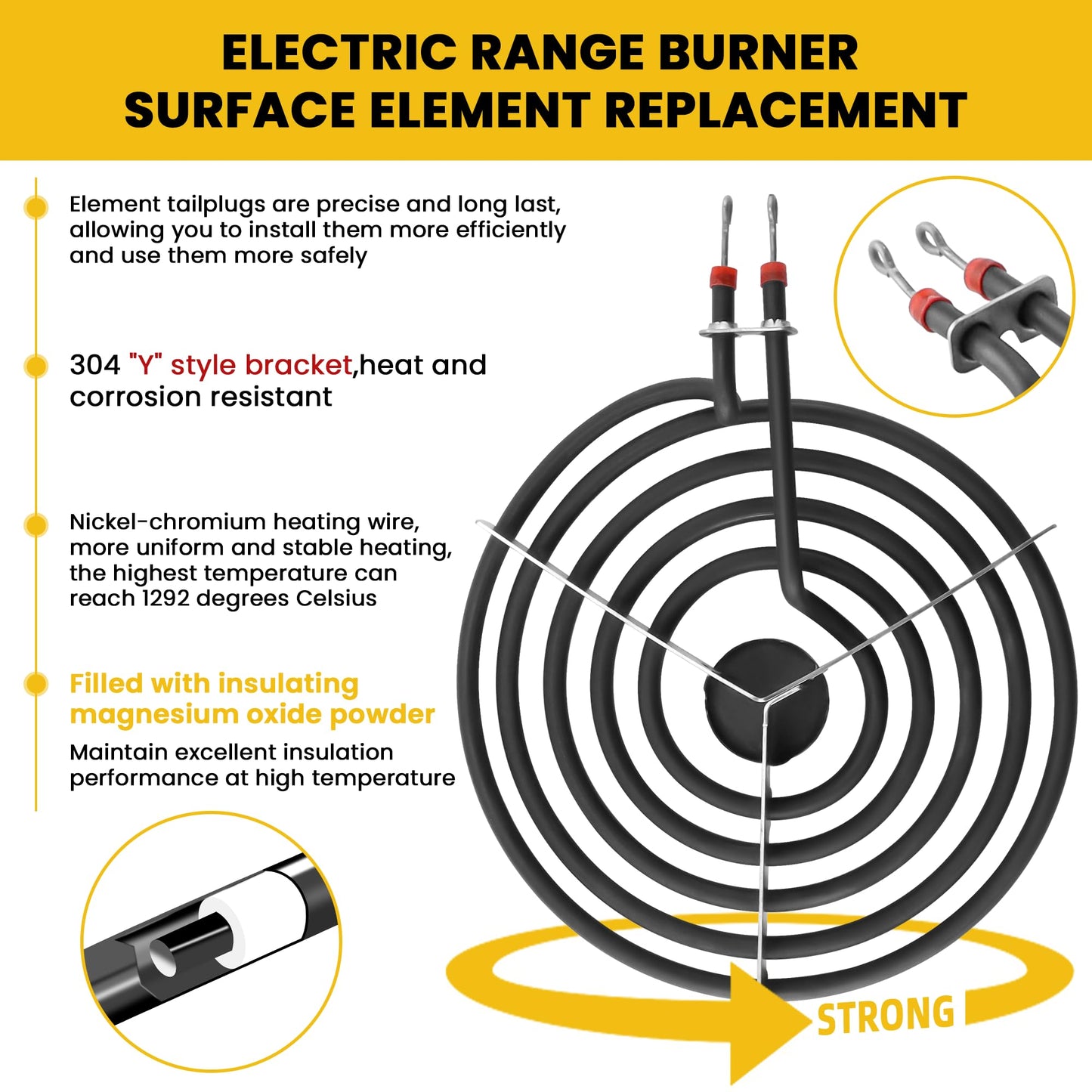 MP22YA Electric Range Burner Element Unit Set（2 pcs MP21YA 8" & 2 pcs MP15YA 6"）with 4pcs 330031 Range Burner Receptacle Kit Fit for Whirl-pool Ken-more Stoves Replace WP660532, WP660533 by AMI PARTS