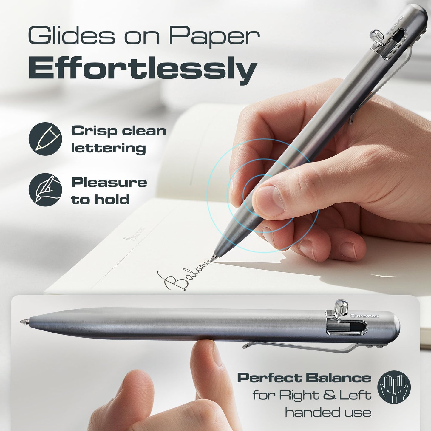 BASTION Bolt Action Pen - Titanium Silver - HyperBolt & ZeroSeam EDC Pen, Premium Metal Writing Pen, Smooth Ink, Durable Pocket Pen, Refillable Executive Gift