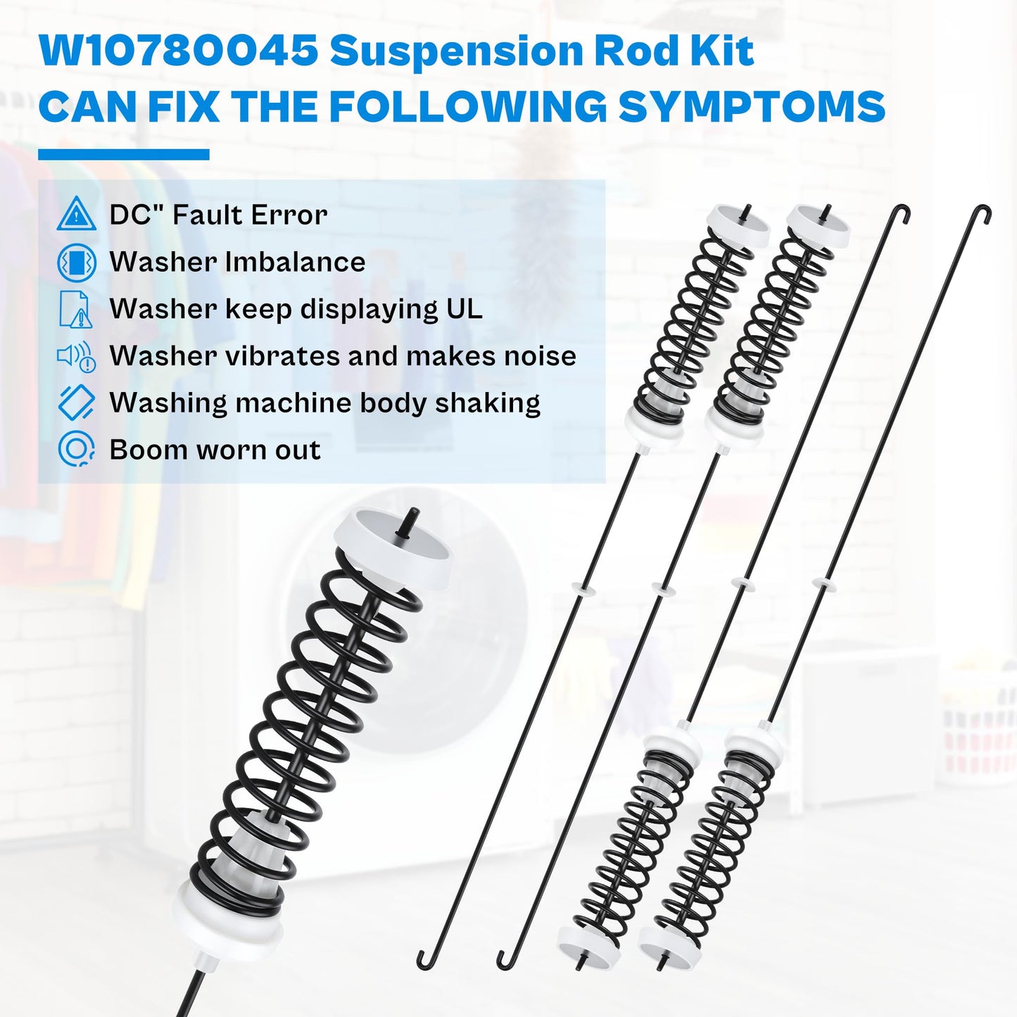 W10780045 NTW4516FW3 WTW4816FW2 WTW4800BQ1 Washer Suspension Rods Kit for Amana Whirlpool Kenmore | Fits NTW4516FW2 NTW4605EW0 WTW4616FW0 | Reduces Vibration & UL Error