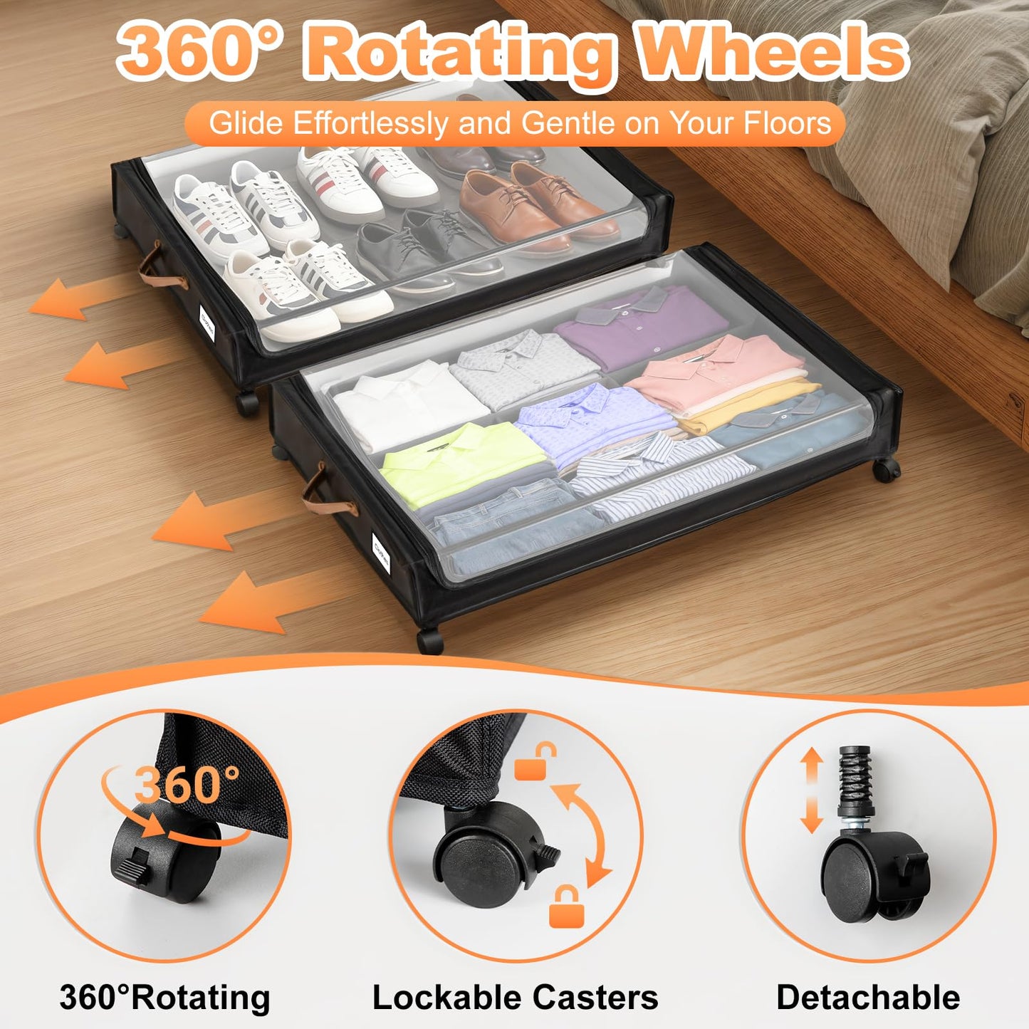 LIJIAI 80L Larger Under Bed Storage with Wheels, 2-Pack XXL Underbed Shoe Storage with Clear Lid, Easy Pull-out Rolling Under Bed Storage Containers, Underbed Storage Bins for Clothes, Shoes, Black