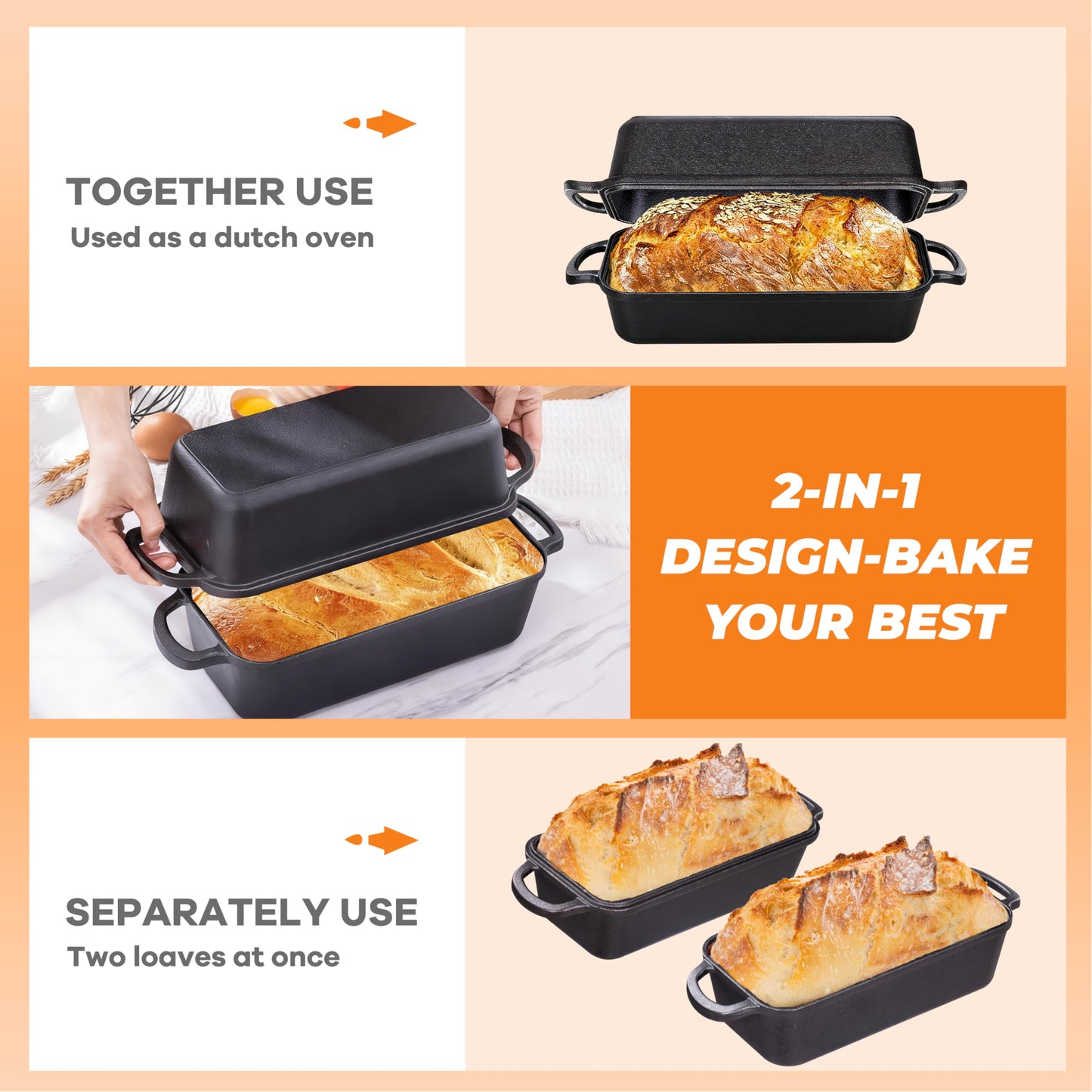 GRMlmosa 11x5 Inch Cast Iron Loaf Pan, 5.8 Qt Large Dutch Oven Loaf Pan with Lid, Sourdough Bread Baking Pan for Homemade Bread|Meatloaf, Even Heat Distribution & Oven Safe up to 500°F