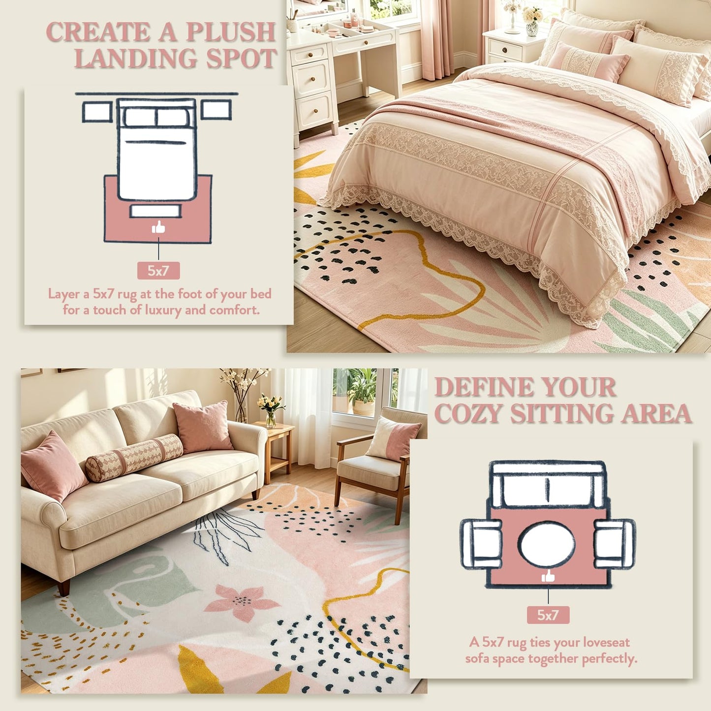 Lahome Pink Boho Bedroom Rug 5x7, Washable Non Slip Soft Botanical Area Rug for Cozy Nursery Living Room Apartment Decor