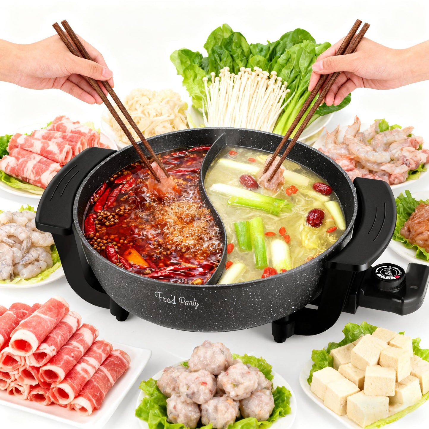 Food Party Electric Hot Pot 6L with Divider Hotpot Pot Electric Shabu Shabu Pot 110V 1200W PFOA FREE Non-Stick Chinese Hot Pot 5-Level Temperature Control