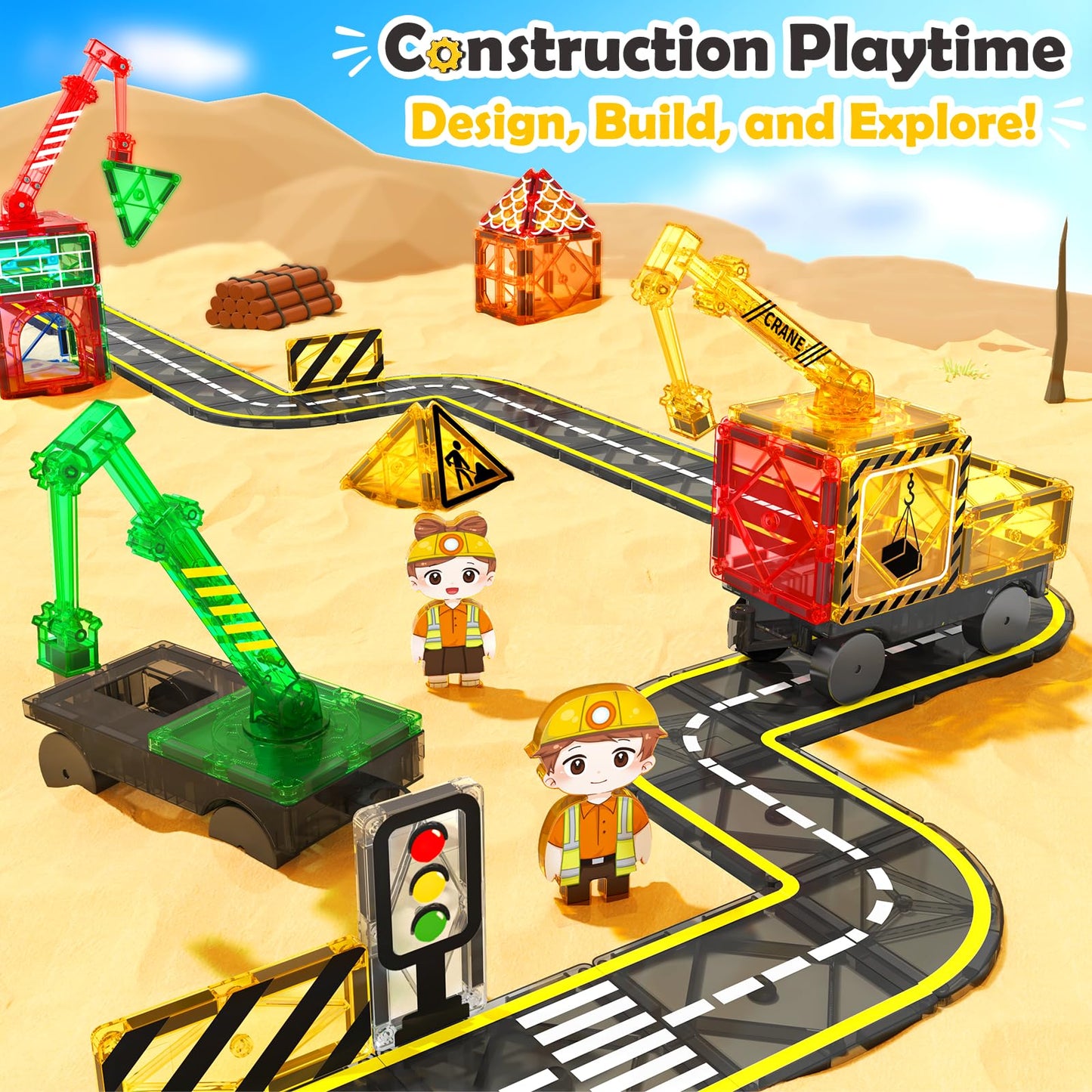 100 PCS Magnetic Tiles Road Set with 3 Cranes & 2 Cars - Magnetic Blocks City Construction Building Toys for 3+ Year Old Boys Girls Ideal Preschool Learning Outdoor Creative Toddler Kids Toys