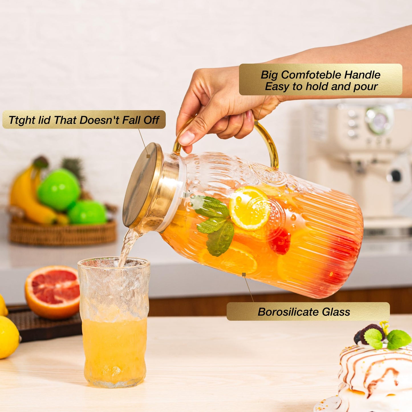 Amzcku Glass Pitcher with Lid, 68 oz/ 2 Liter 2Pack Vintage Water Pitcher,Glass Water Carafe for Cold Brew, Coffee, Lemonade, Iced Tea,Beverage, Heat Resistant Jug