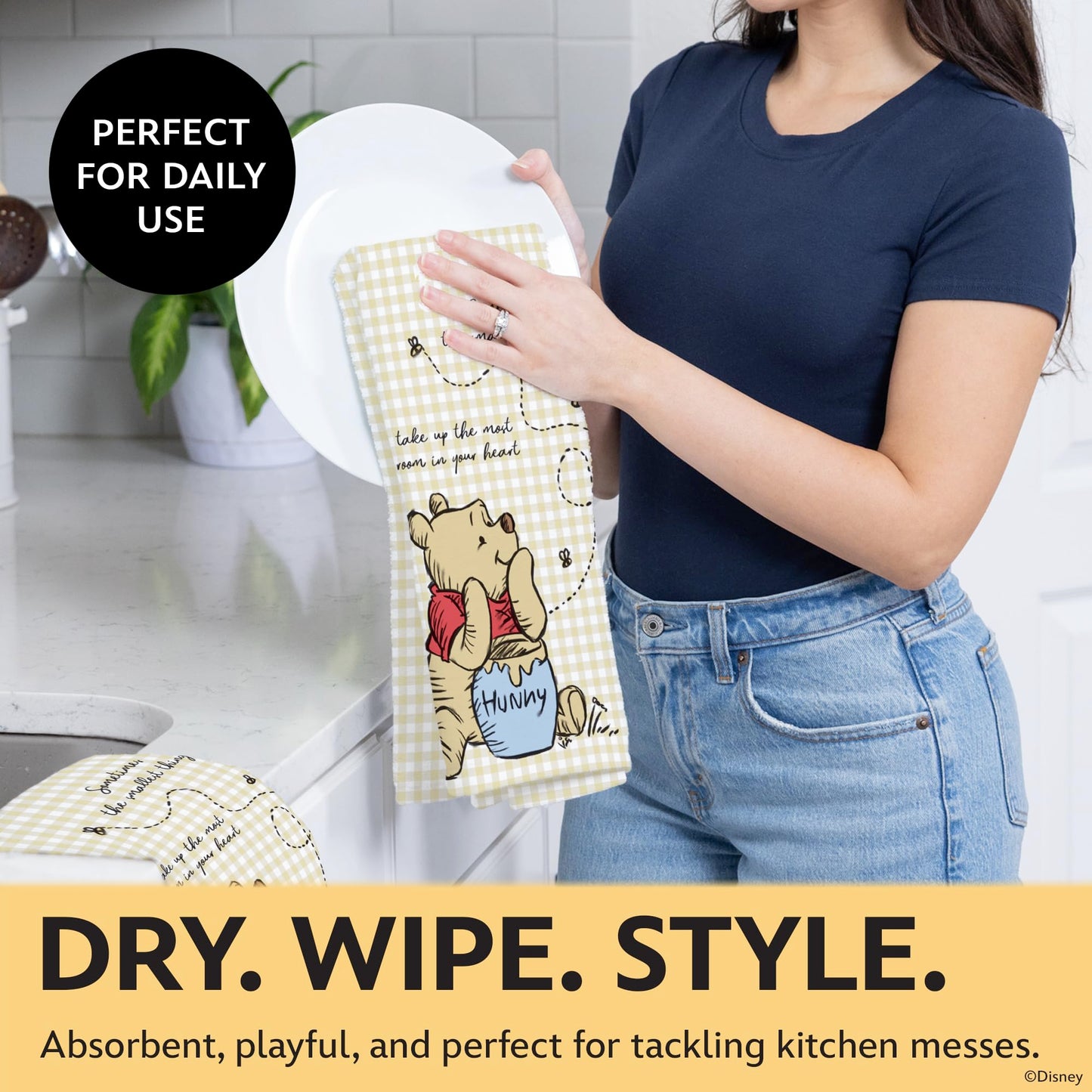 Disney Kitchen Towels & Oven Mitts Set – 4 Piece Bundle with 2 Cotton Dish Towels/Hand Towels & 2 Heat Resistant Mini Oven Mitts (Pot Holders) – Mickey, Stitch & Pooh (Winnie the Pooh)