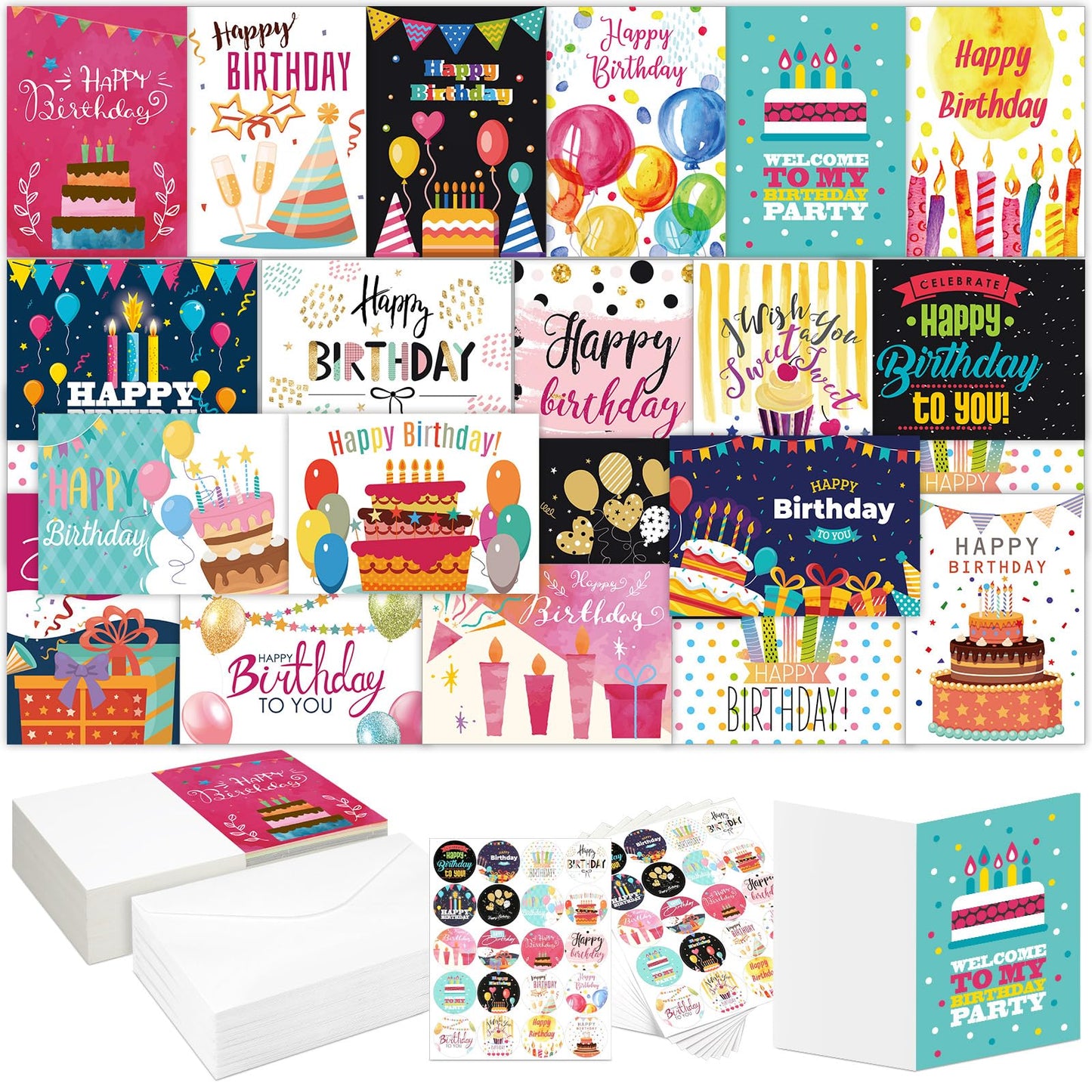 Lemosae 200 Set Unique Happy Birthday Card Bulk with Envelope and Sticker Blank Greeting Card Large 5 x 7 Inch Suitable for Office Kids Women Men, 20 Styles(Lovely Style)