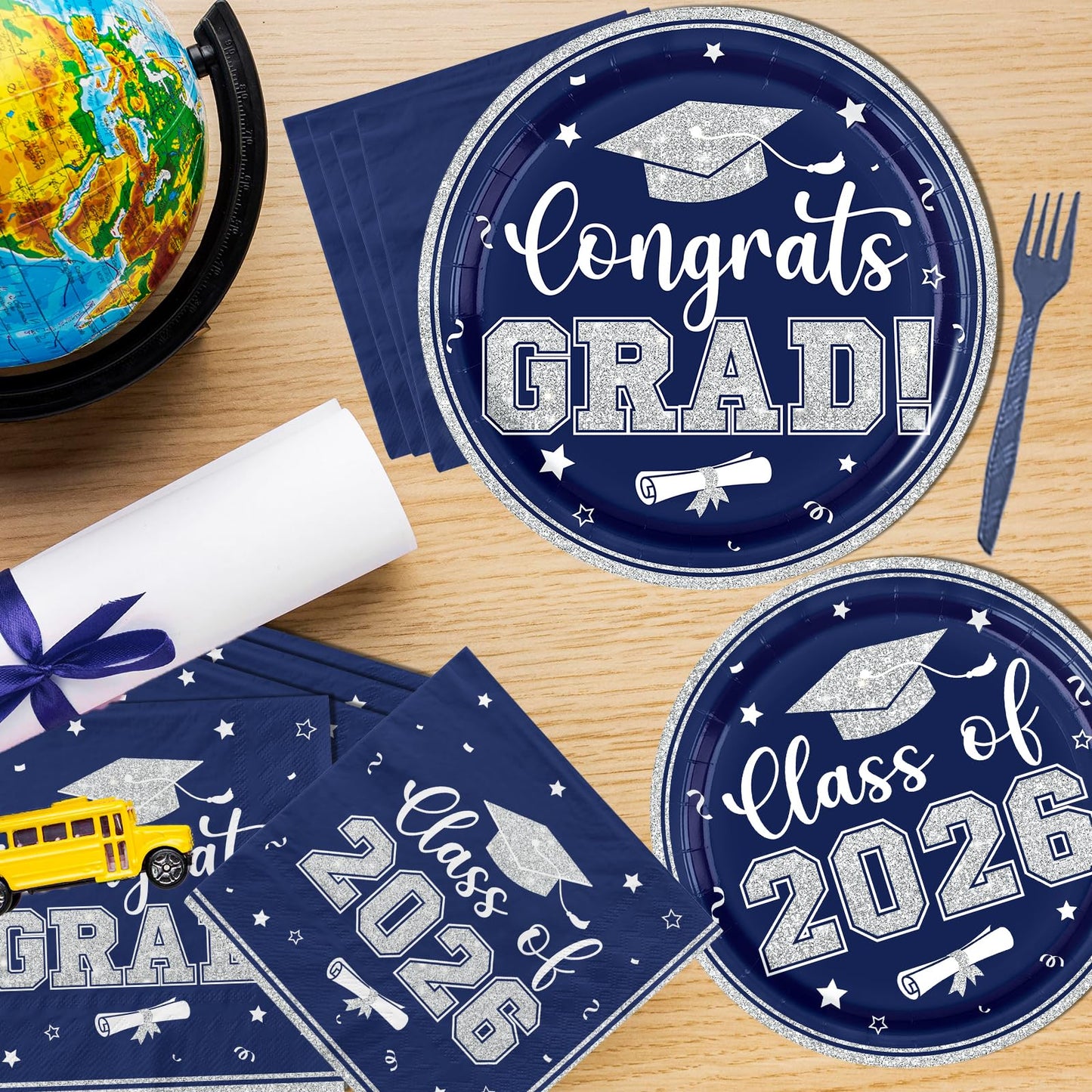 Navy and Silver Graduation Decorations 2026,Navy Blue Graduation Decorations Plates and Napkins 2026,200pcs Class Of 2026 Party Decorations Tableware for Graduation Party Supplies,Serve 50