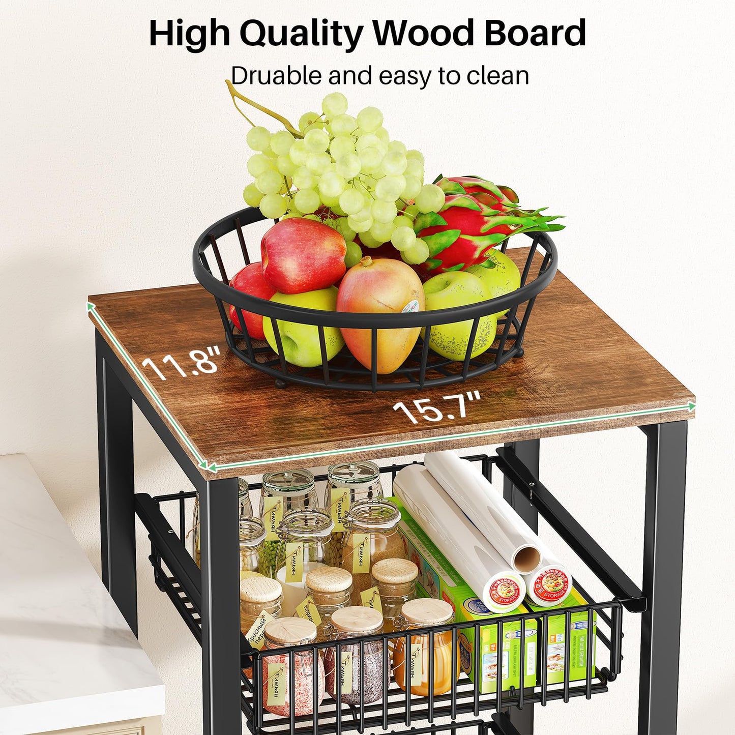 SNTD Fruit Basket Vegetable Stand for Kitchen Pantry, Pull Out Metal Wire Basket with Wood Top for Fruit Vegetable Onions Potatoes Snacks