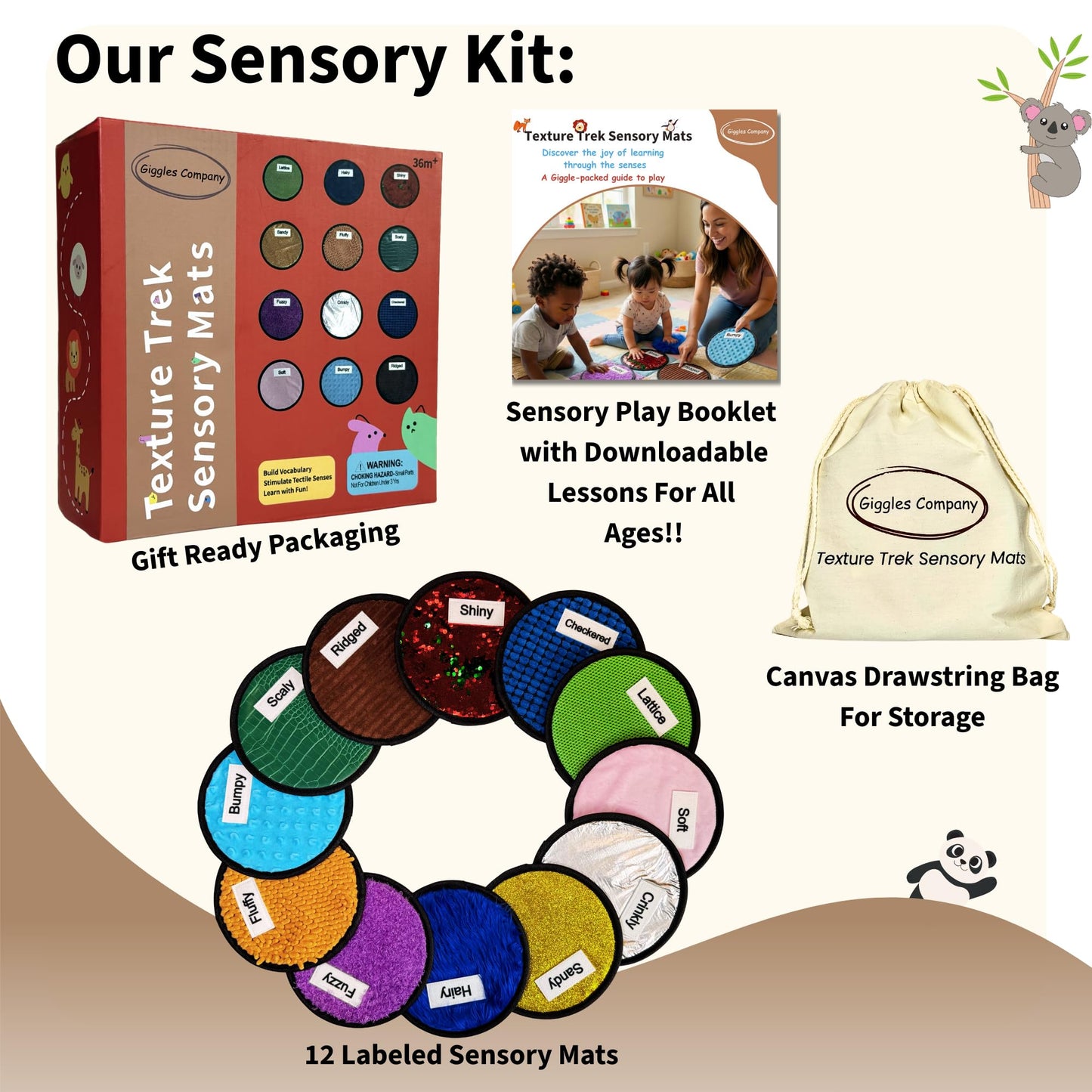12 Labeled Sensory Mats & Lesson Plans - Sensory Toys for Kids with Autism - Fidgeting Toys for Autistic Children – Hanging Loops to Hang Mats Wall - Gift Ready Box, Storage Bag & Booklet with QR code