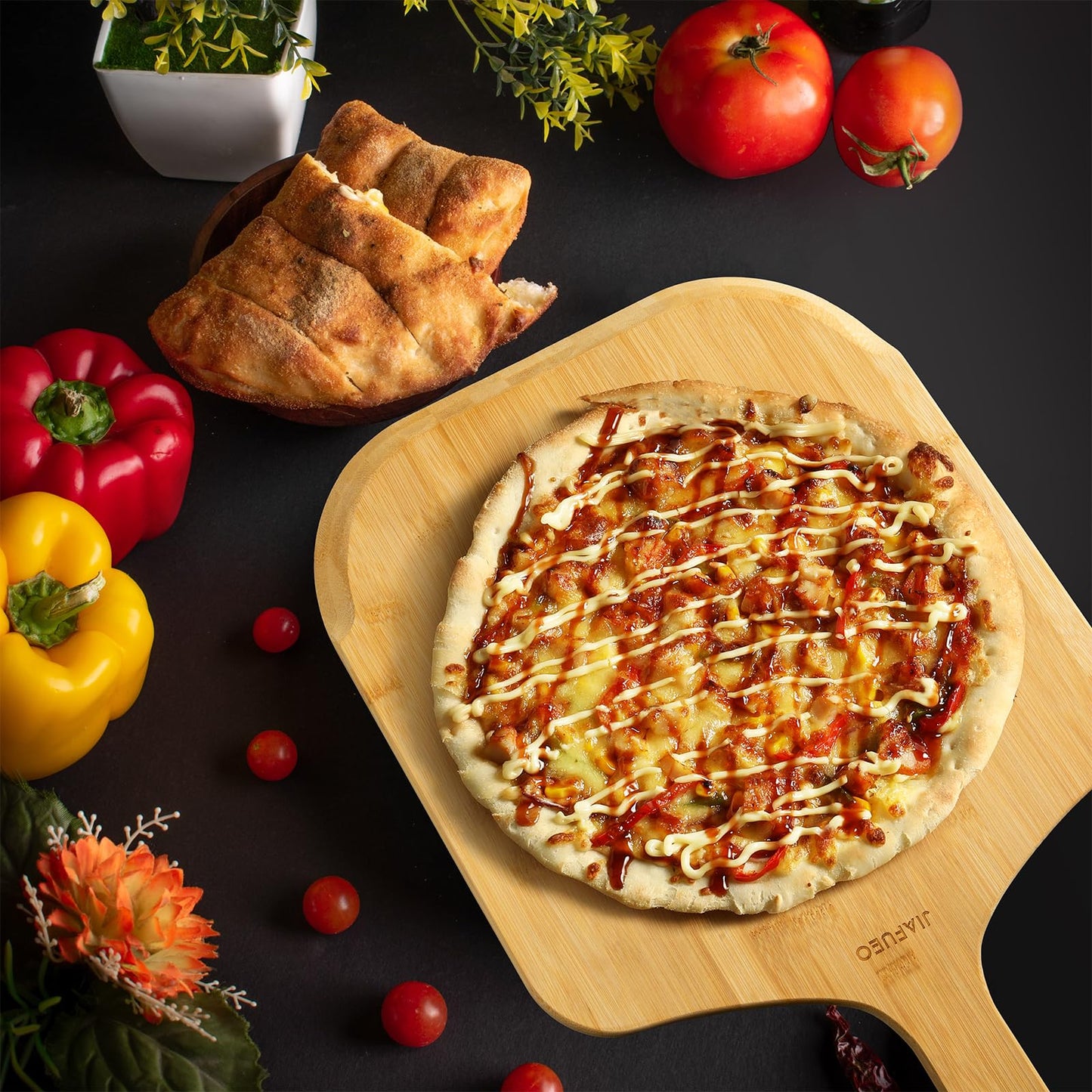 JIAFUEO Pizza Peel 14 Inch, Large Bamboo Pizza Paddle Spatula - Wooden Serving Board, Oven Accessory for Baking Homemade, Wood Cutting Board for Cheese Bread Fruit Vegetables